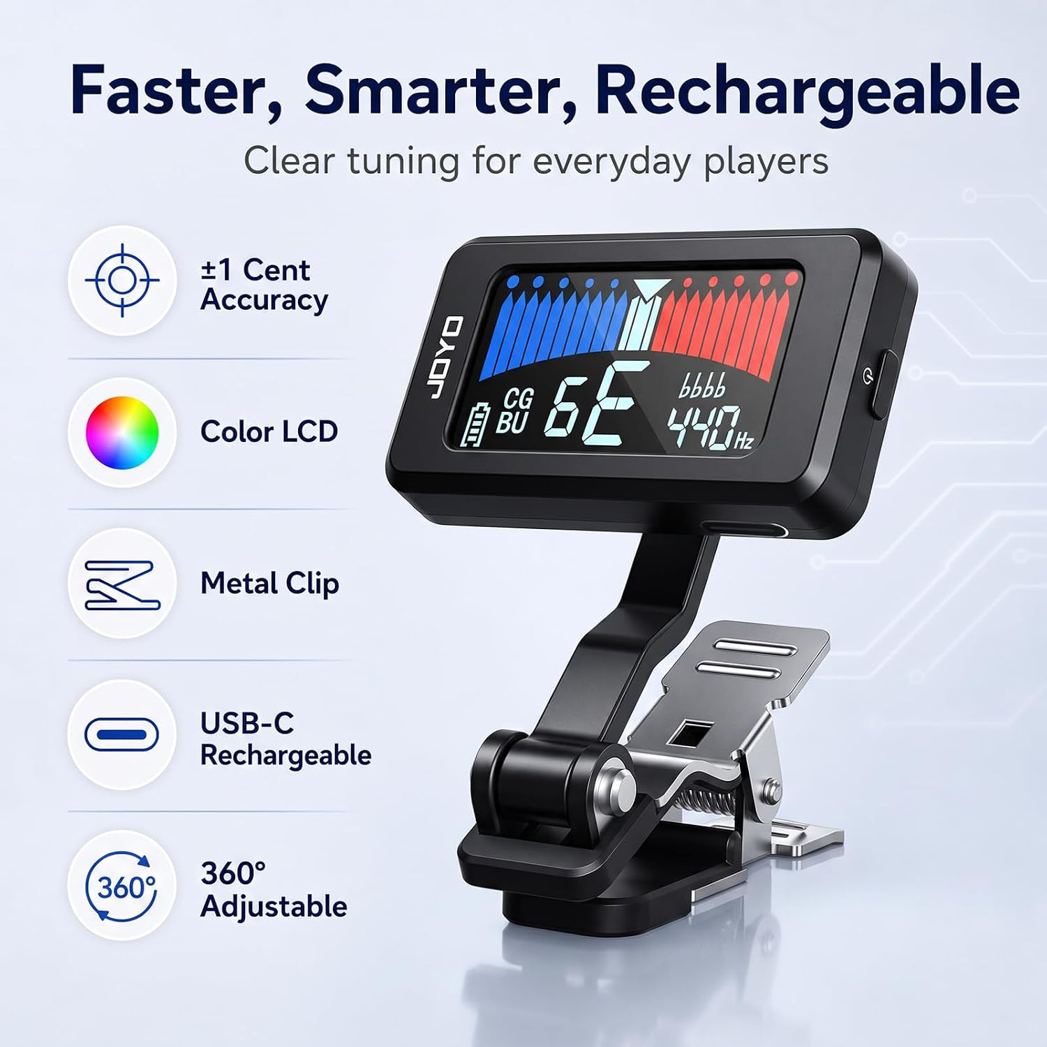JOYO JT-480 features -1 cent colour LCD metal clip USB-C 360-degree swivel