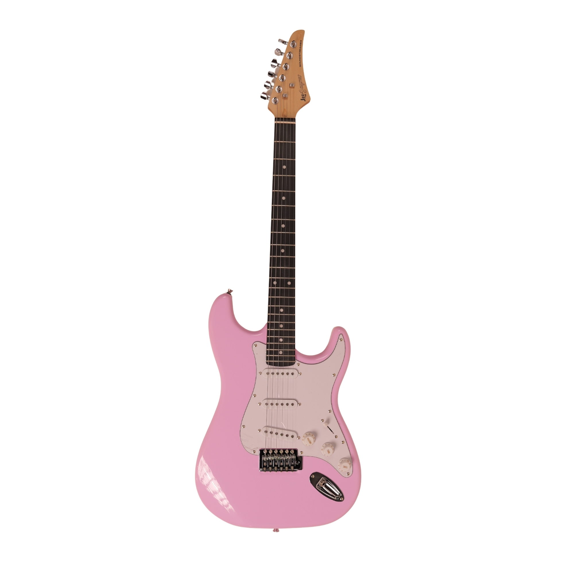 Leo Jaymz Pink Beginner Electric Guitar Complete Kit with Portable Amp Padded Gig Bag Full Accessories Maple Neck SSS Pickups