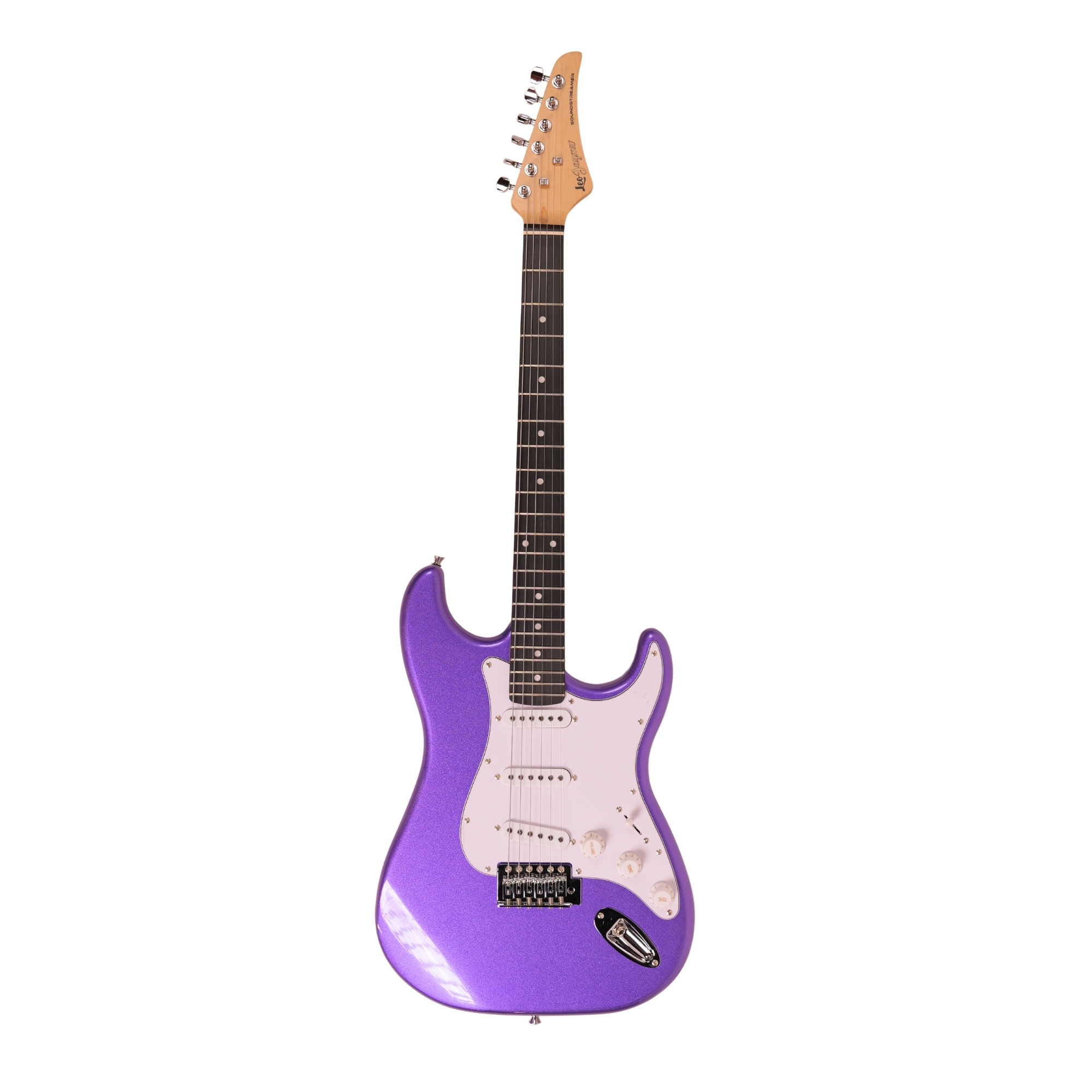 Leo Jaymz purple Beginner Electric Guitar Complete Kit with Portable Amp Padded Gig Bag  Full Accessories Maple Neck SSS Pickups