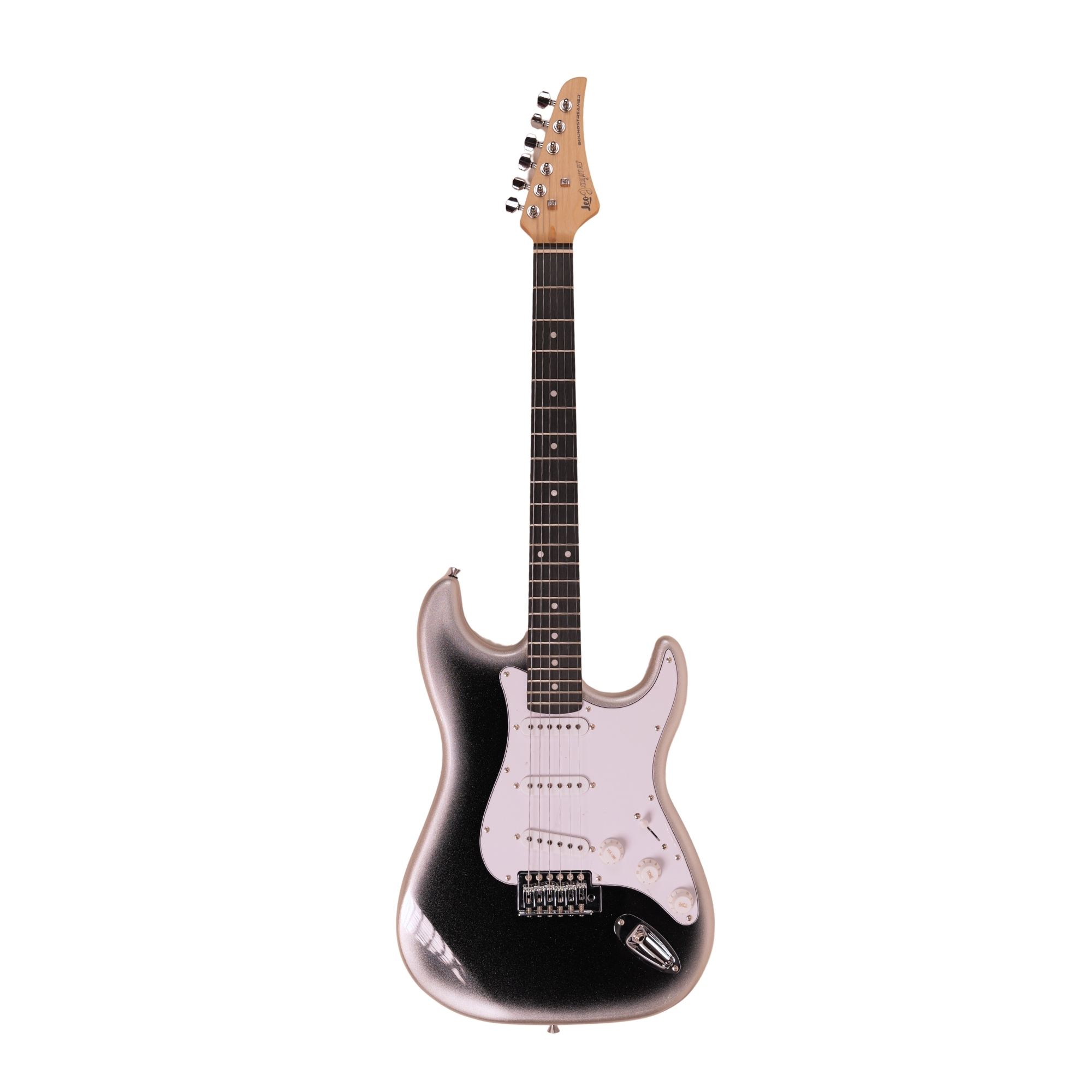 Leo Jaymz white black fade Beginner Electric Guitar Complete Kit with Portable Amp Padded Gig Bag Full Accessories Maple Neck SSS Pickups