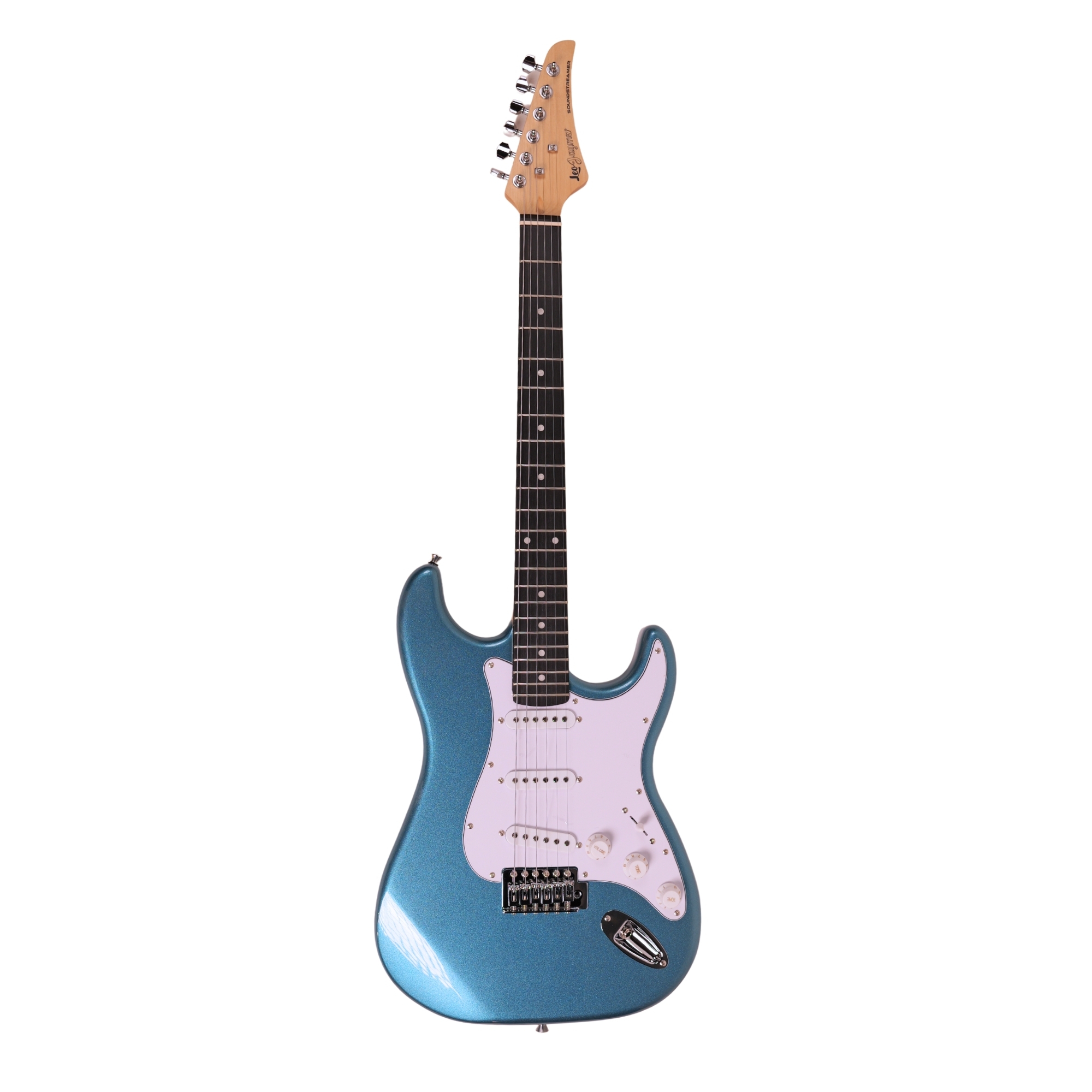 Leo Jaymz Blue Beginner Electric Guitar Complete Kit with Portable Amp Padded Gig Bag Full Accessories Maple Neck SSS Pickups