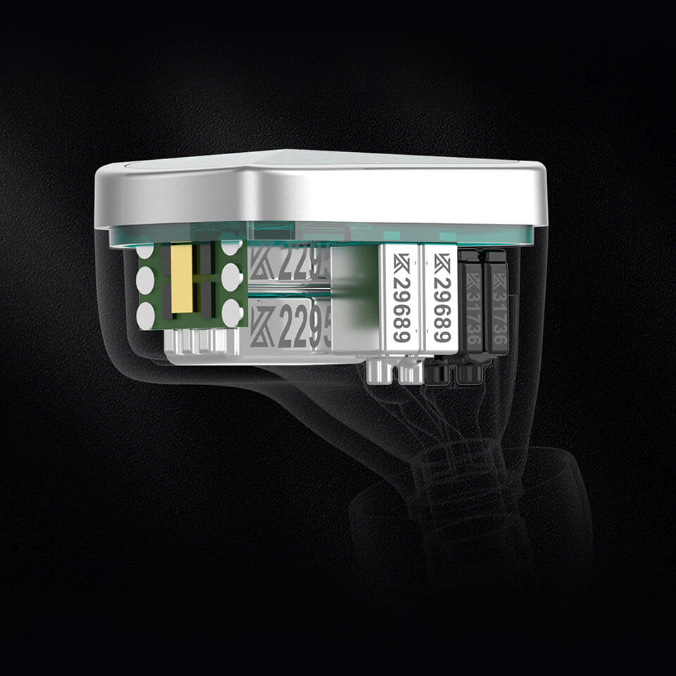 Internal cutaway showing all 8 labeled balanced armature units per side on the KZ AS16 Pro