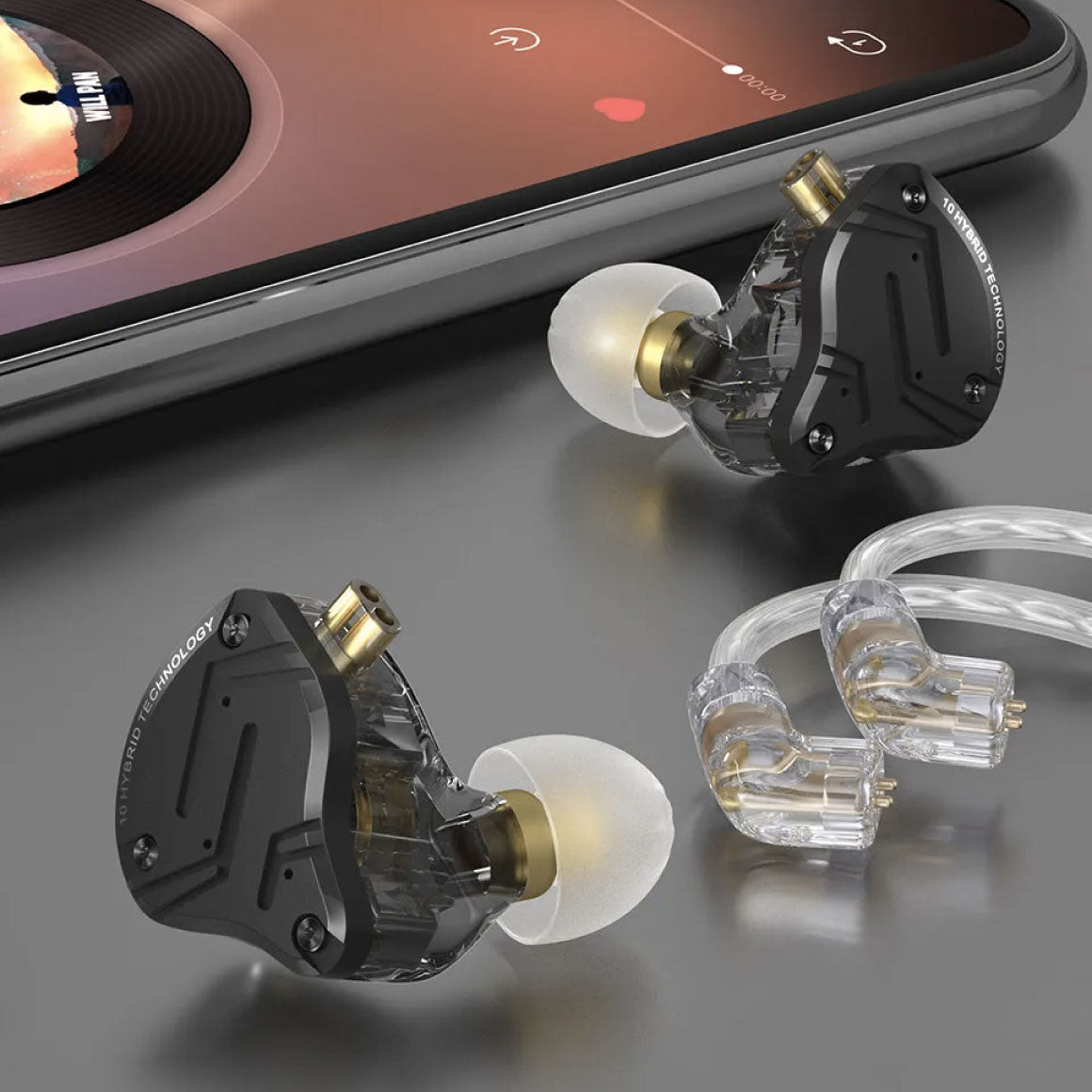 Gold-plated 2-pin detachable cable connector on the KZ ZS10 Pro X
