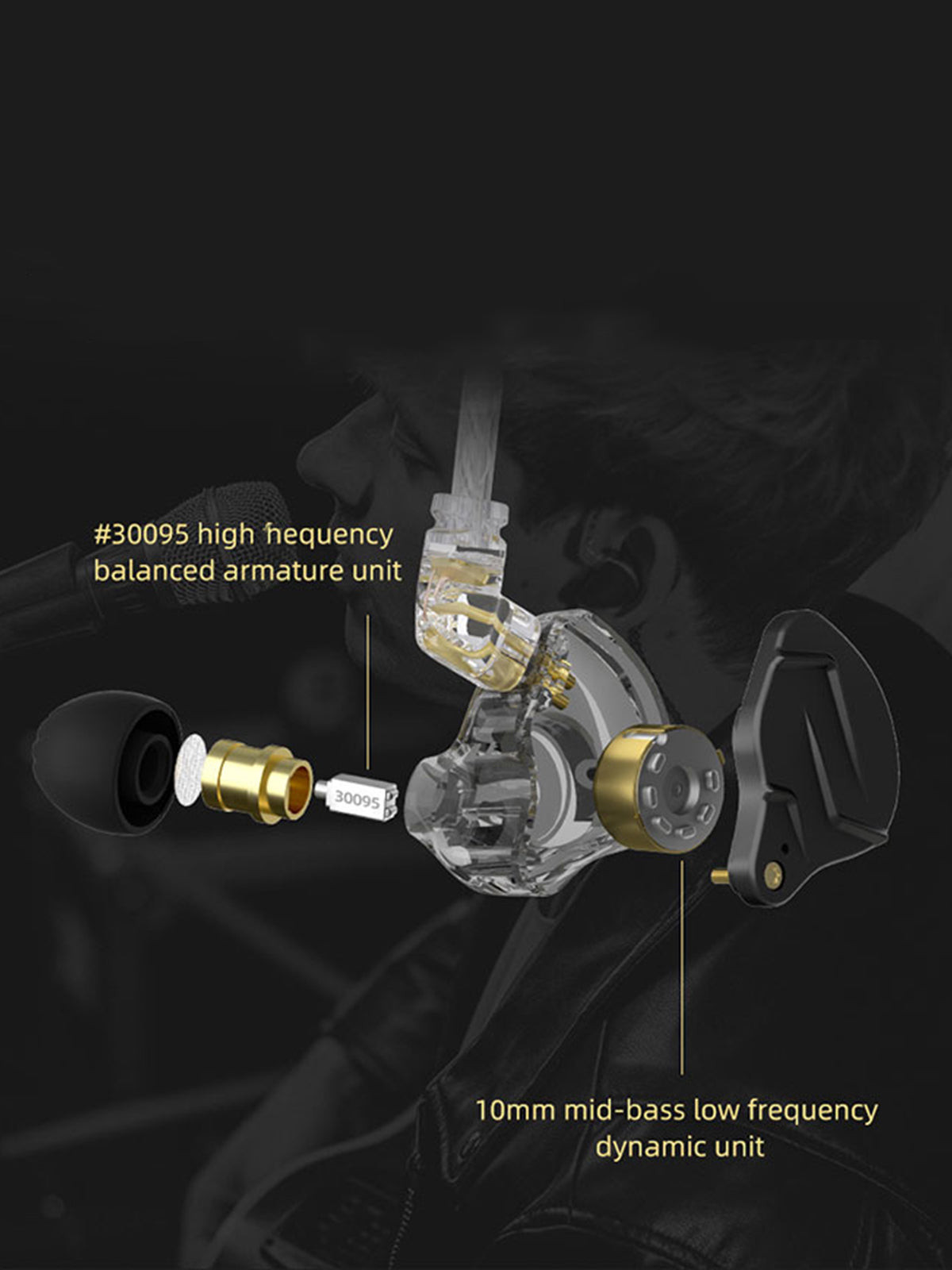 Labeled driver diagram showing the 10mm dynamic driver and 30095 balanced armature in the KZ ZSN Pro X