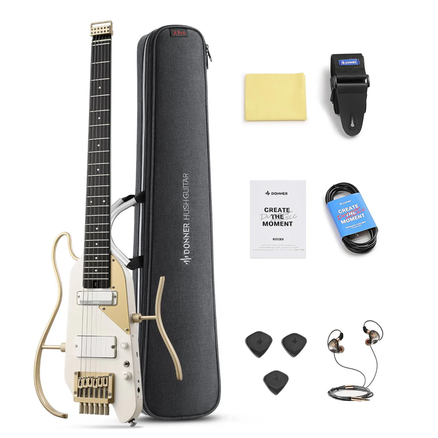 Donner HUSH X PRO white luxe Electric Guitar Kit - Smart Travel Guitar with Dozens of Preset Combinations 7 Tone Sim Options