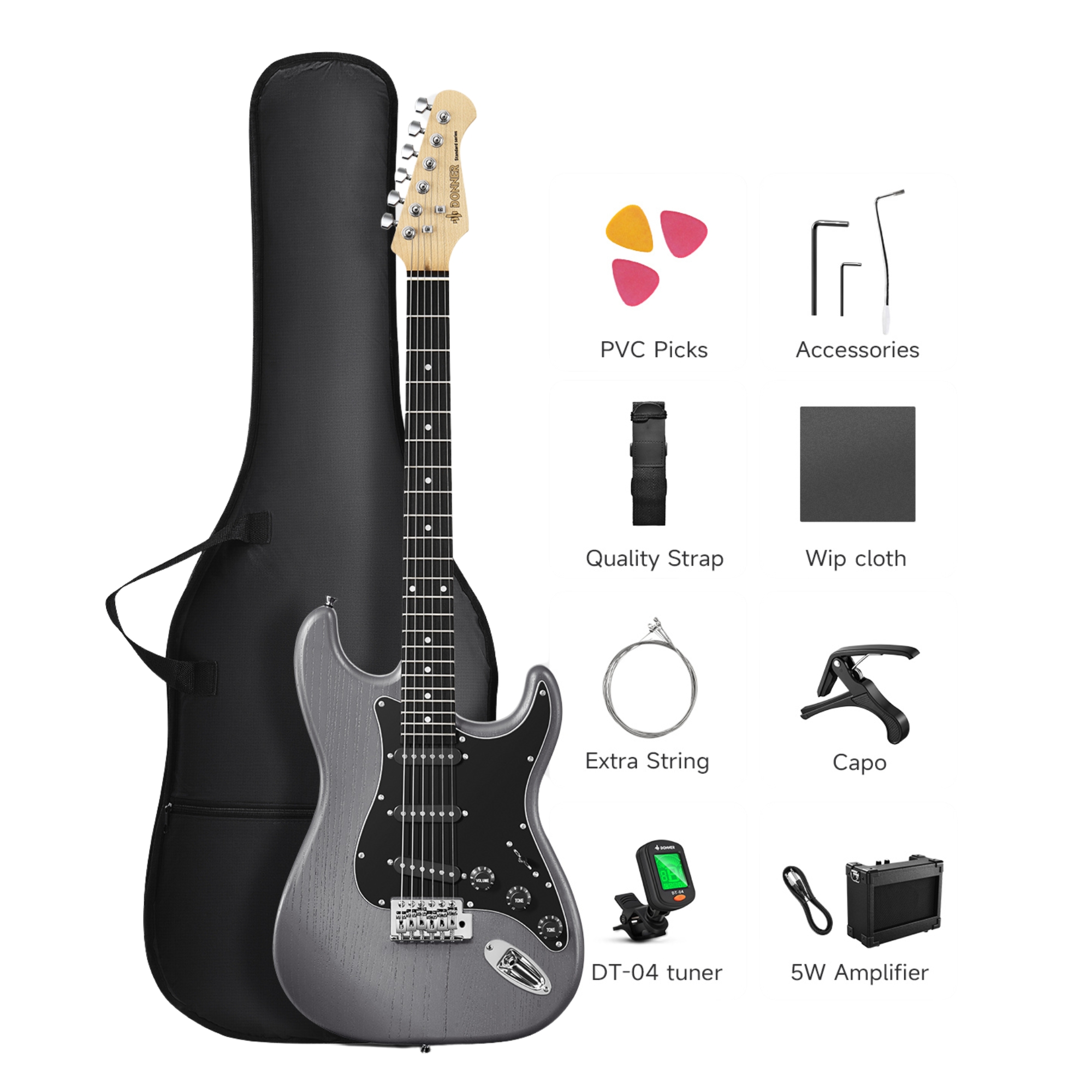 DONNER DST-80 Matte black Electric Guitar 39 Beginner Electric Guitar Kit with Amp Classic SSS Pickup Complete with Gig Bag Tuner Capo Strap Picks