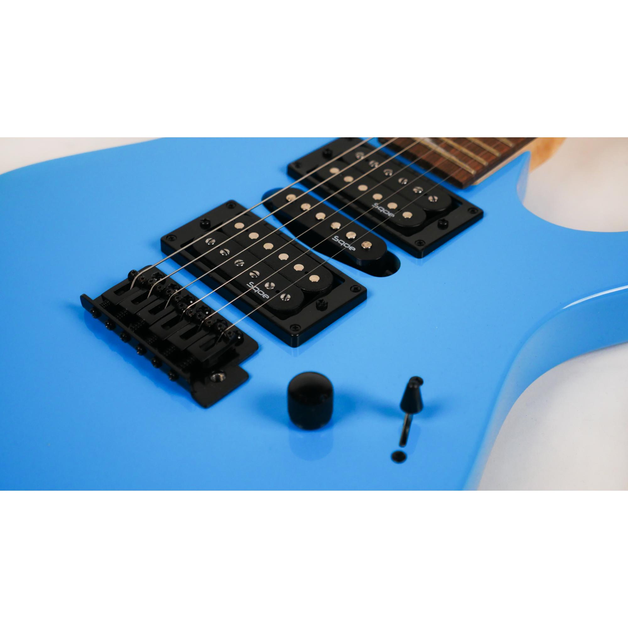 SQOE SEIB370 Sky Blue slim C neck and sharktooth inlay detail