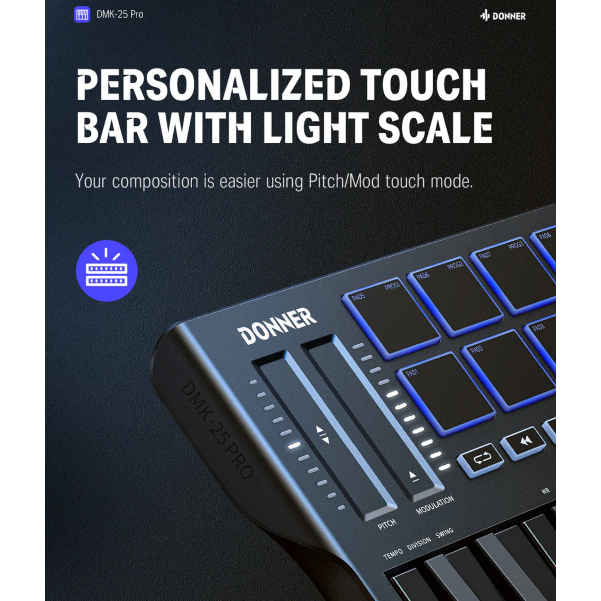 DMK25PRO USB MIDI Keyboard Controller 25 Mini Key Portable MIDI with 8 Backlit Drum OLED Screen Display Personalized Touch Bar and Music Production Software Included