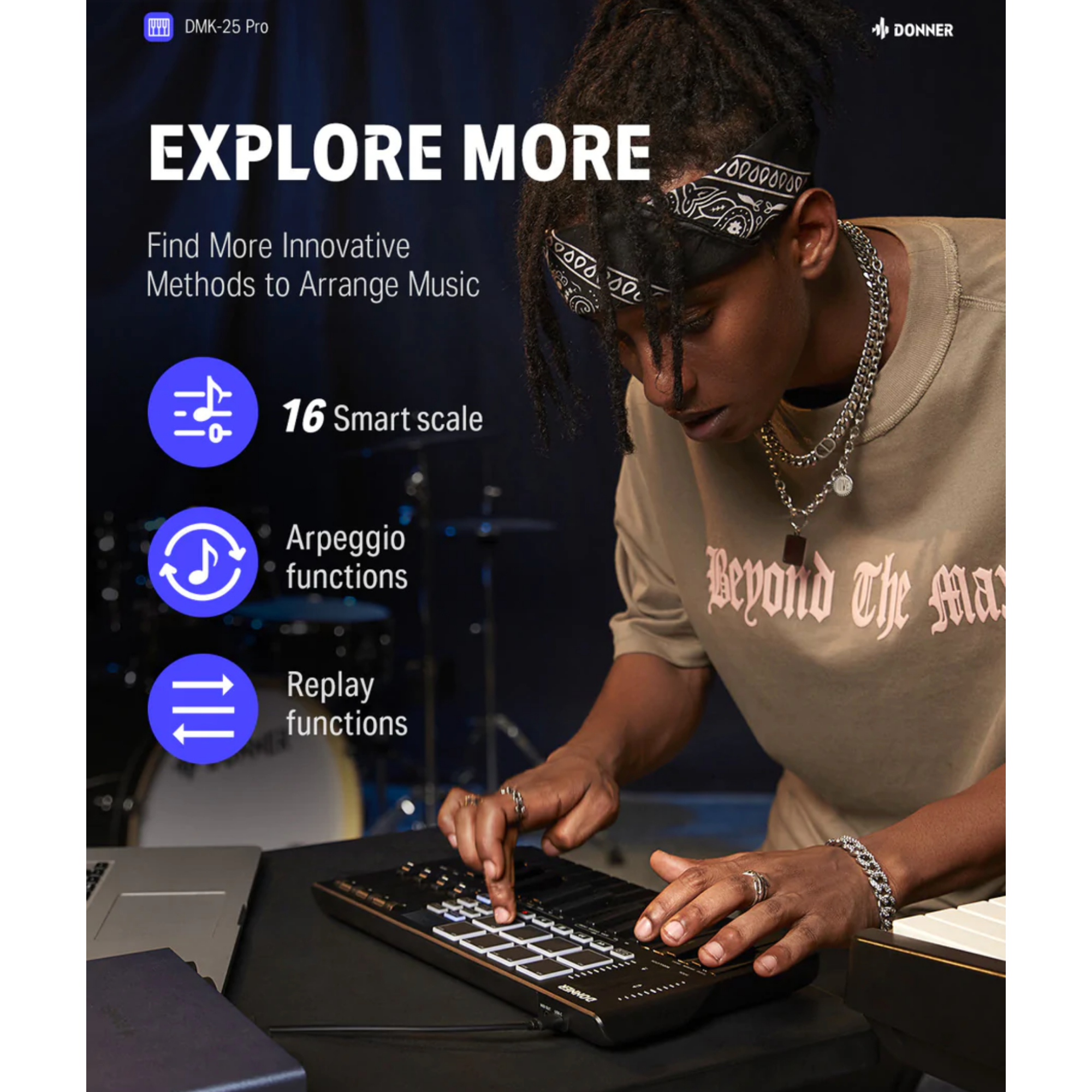 DMK25PRO USB MIDI Keyboard Controller 25 Mini Key Portable MIDI with 8 Backlit Drum OLED Screen Display Personalized Touch Bar and Music Production Software Included