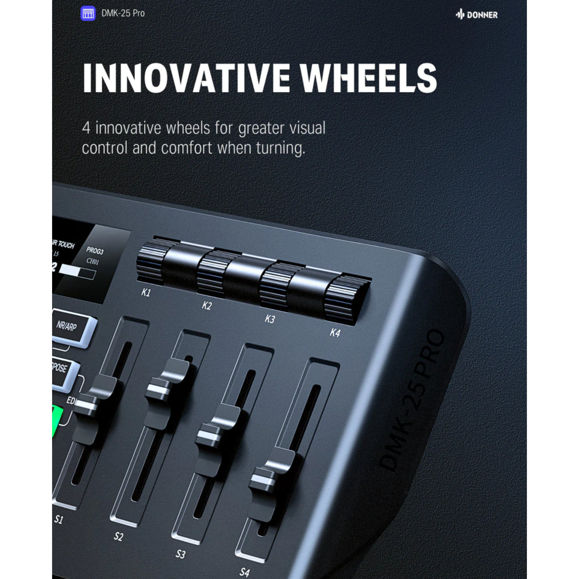 DMK25PRO USB MIDI Keyboard Controller 25 Mini Key Portable MIDI with 8 Backlit Drum OLED Screen Display Personalized Touch Bar and Music Production Software Included