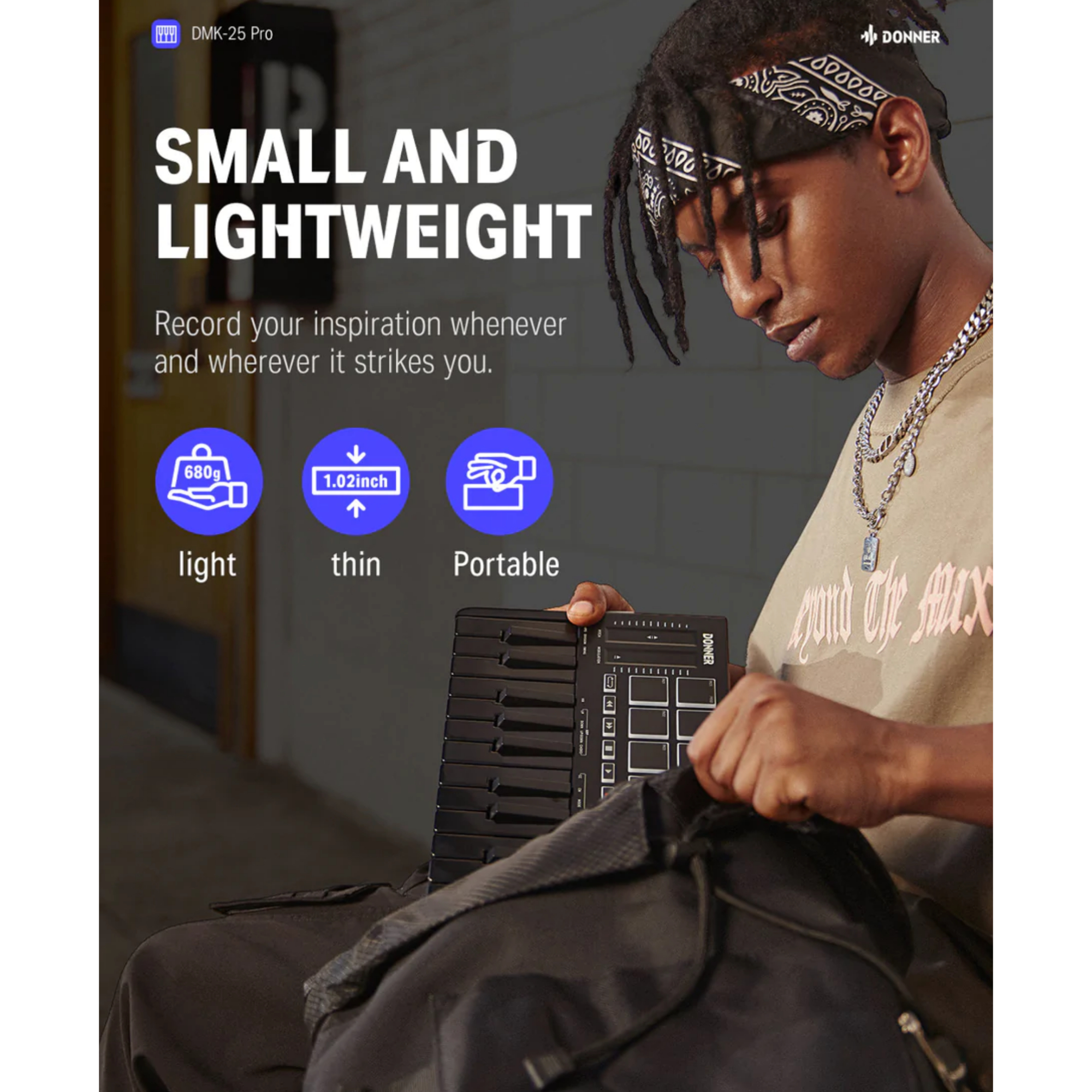 DMK25PRO USB MIDI Keyboard Controller 25 Mini Key Portable MIDI with 8 Backlit Drum OLED Screen Display Personalized Touch Bar and Music Production Software Included