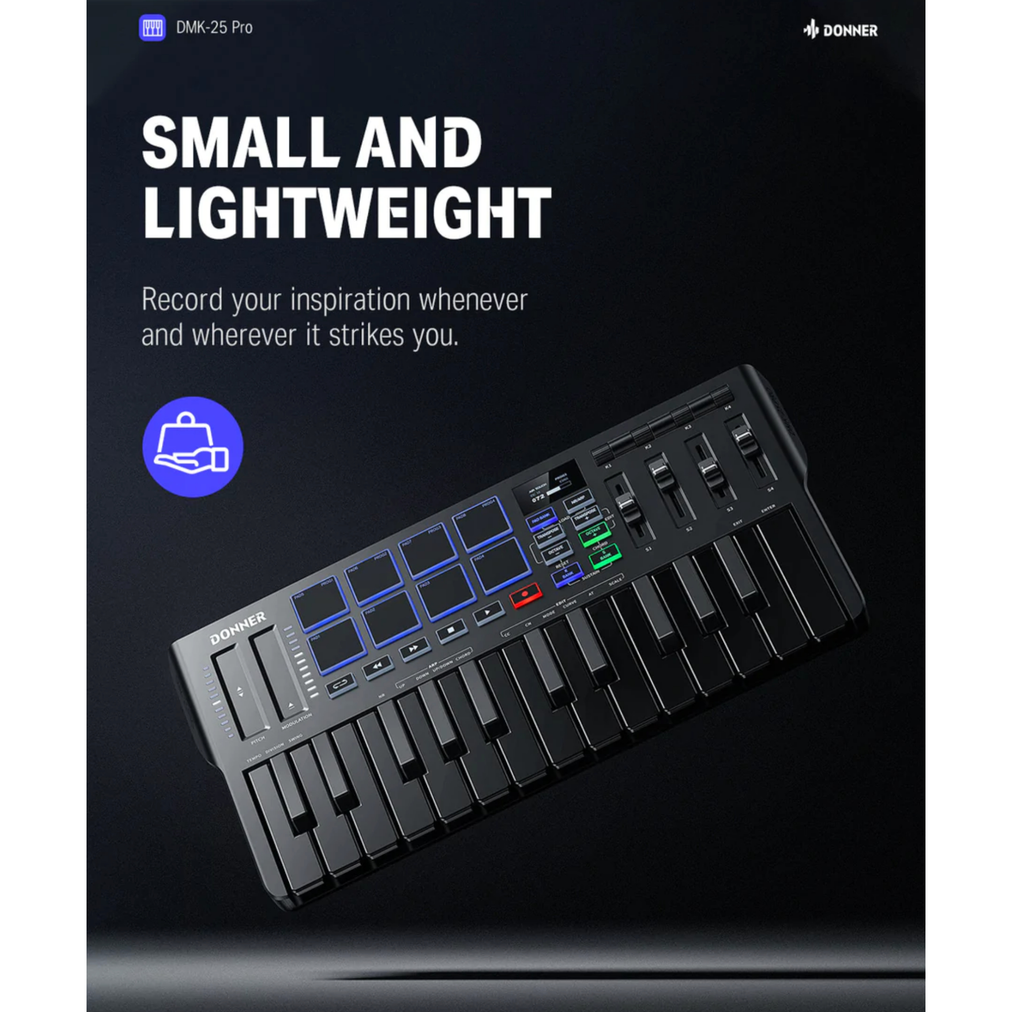 DMK25PRO USB MIDI Keyboard Controller 25 Mini Key Portable MIDI with 8 Backlit Drum OLED Screen Display Personalized Touch Bar and Music Production Software Included