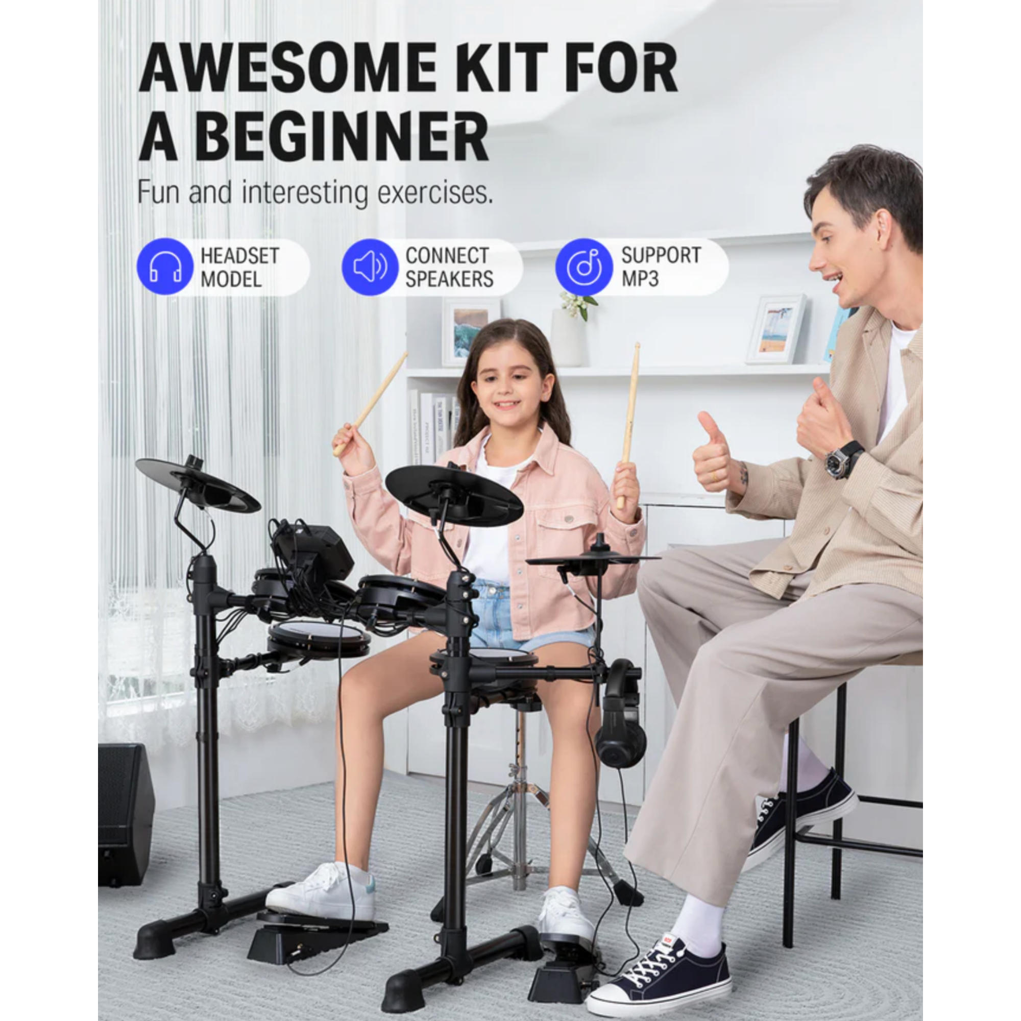 Donner DED-80 Electric Drum Set Electronic Drum Kit for Beginner with 180 Sounds Quiet Mesh Drum Set with Heavy Duty Pedals Drum Throne Sticks Headphone New Upgraded