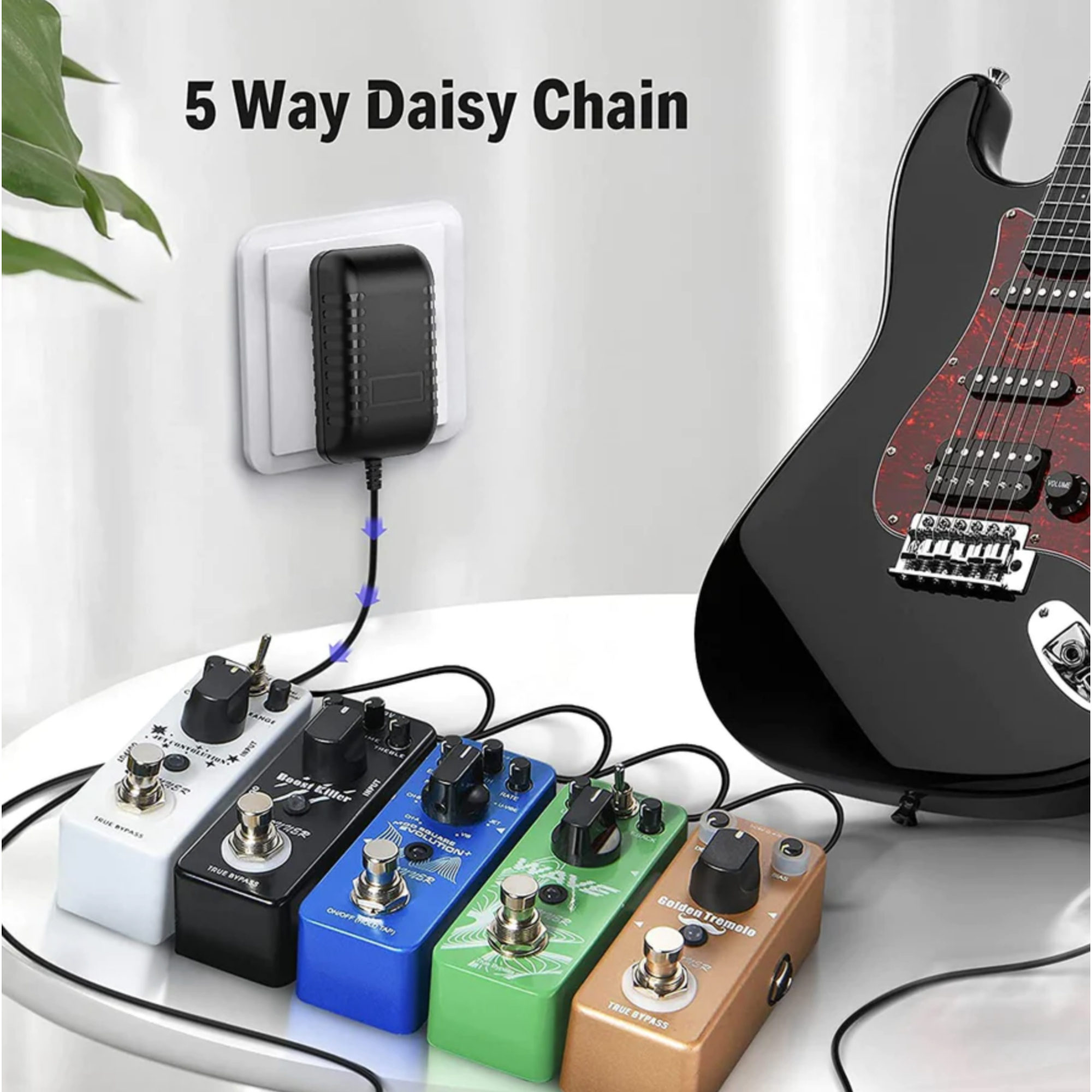 Donner DPA-1 Guitar Pedal Power Supply Adapter 9V DC 1A Tip Negative 5 Way Daisy Chain Cables for Guitar Effect Pedal