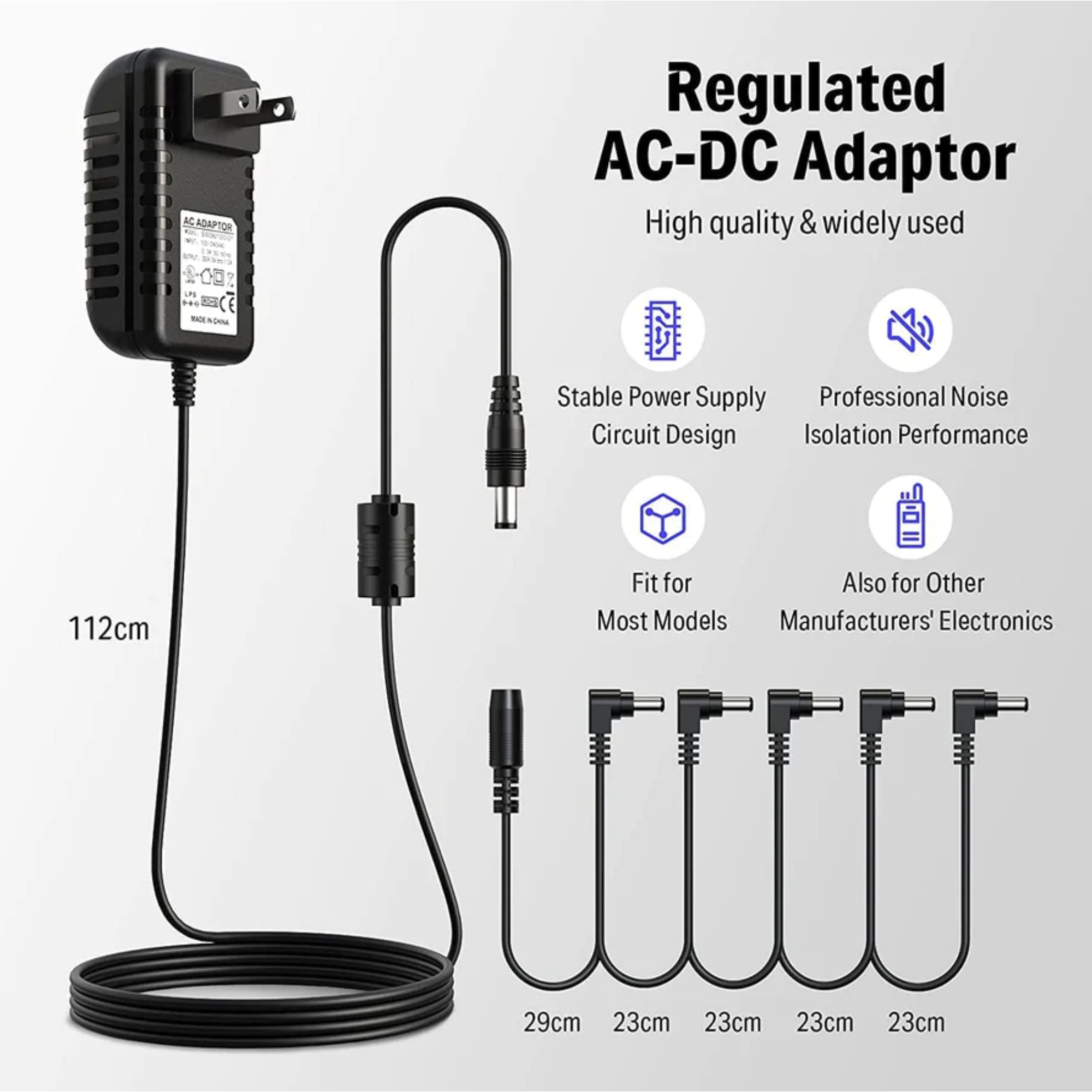 Donner DPA-1 Guitar Pedal Power Supply Adapter 9V DC 1A Tip Negative 5 Way Daisy Chain Cables for Guitar Effect Pedal