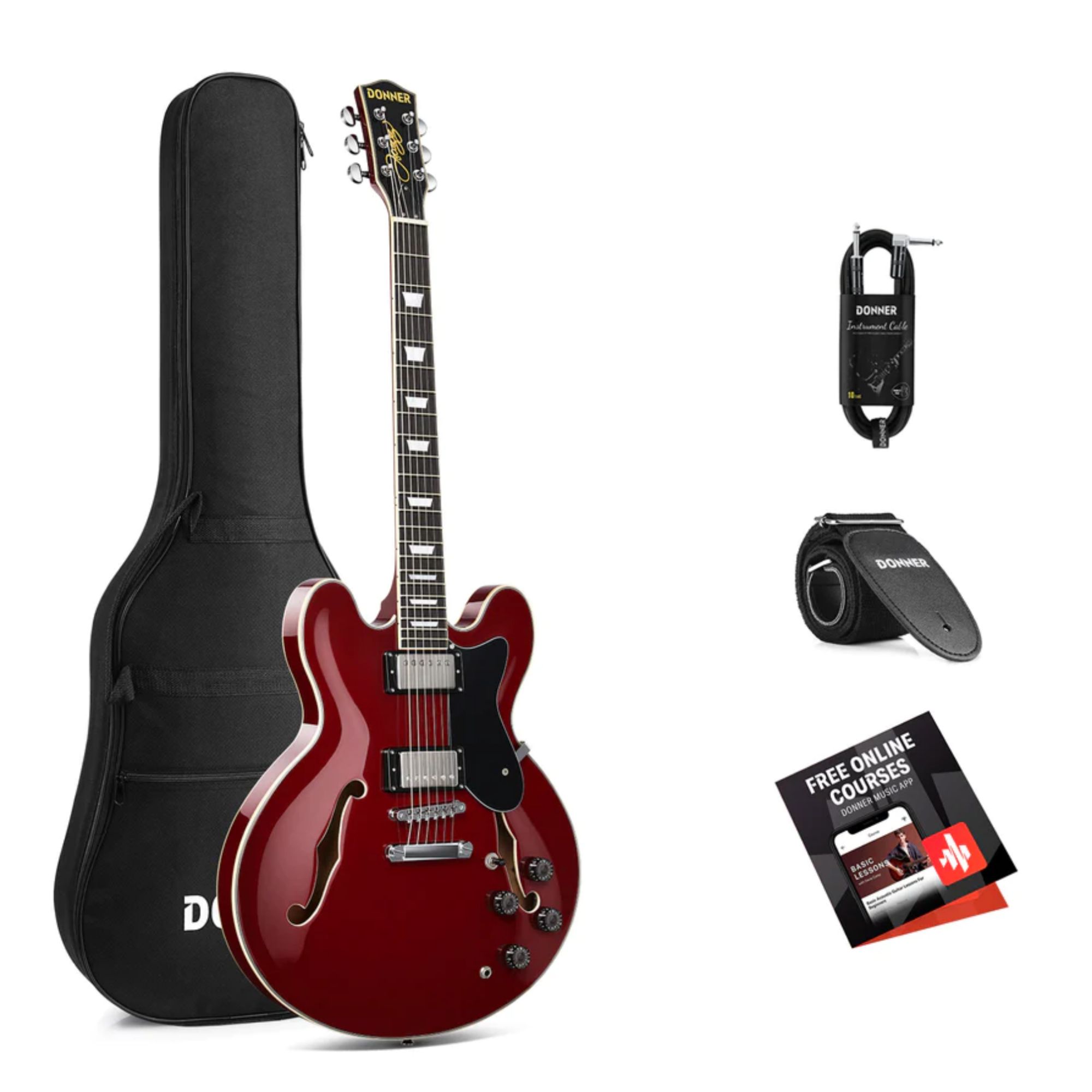 Donner Semi-Hollow Electric Guitar DJP-1000 Jazz Guitar with H-H Pickups Coil-splitting Function 335 Electric Guitar Bonus Bag Cable Strap