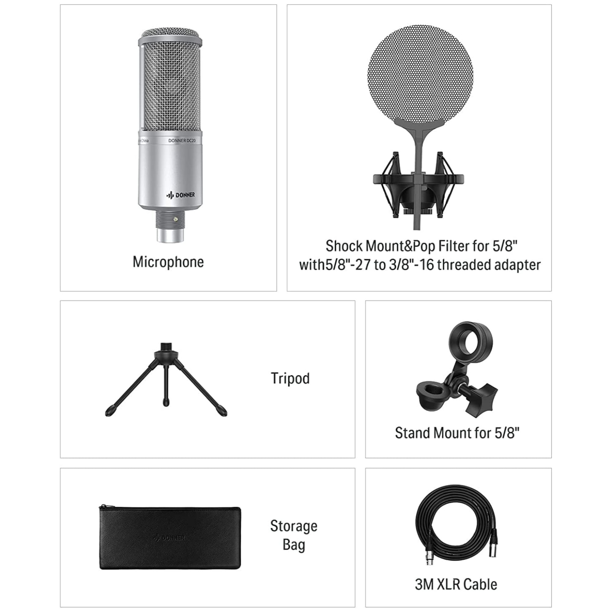 Donner DC-20 Condenser Microphone Cardioid Podcast Mic Kit with Tripod Shock Mount Windscreen XLR Cable and Storage Bag Professional 16mm Large-Diaphragm Recording Microphone for Home Studio
