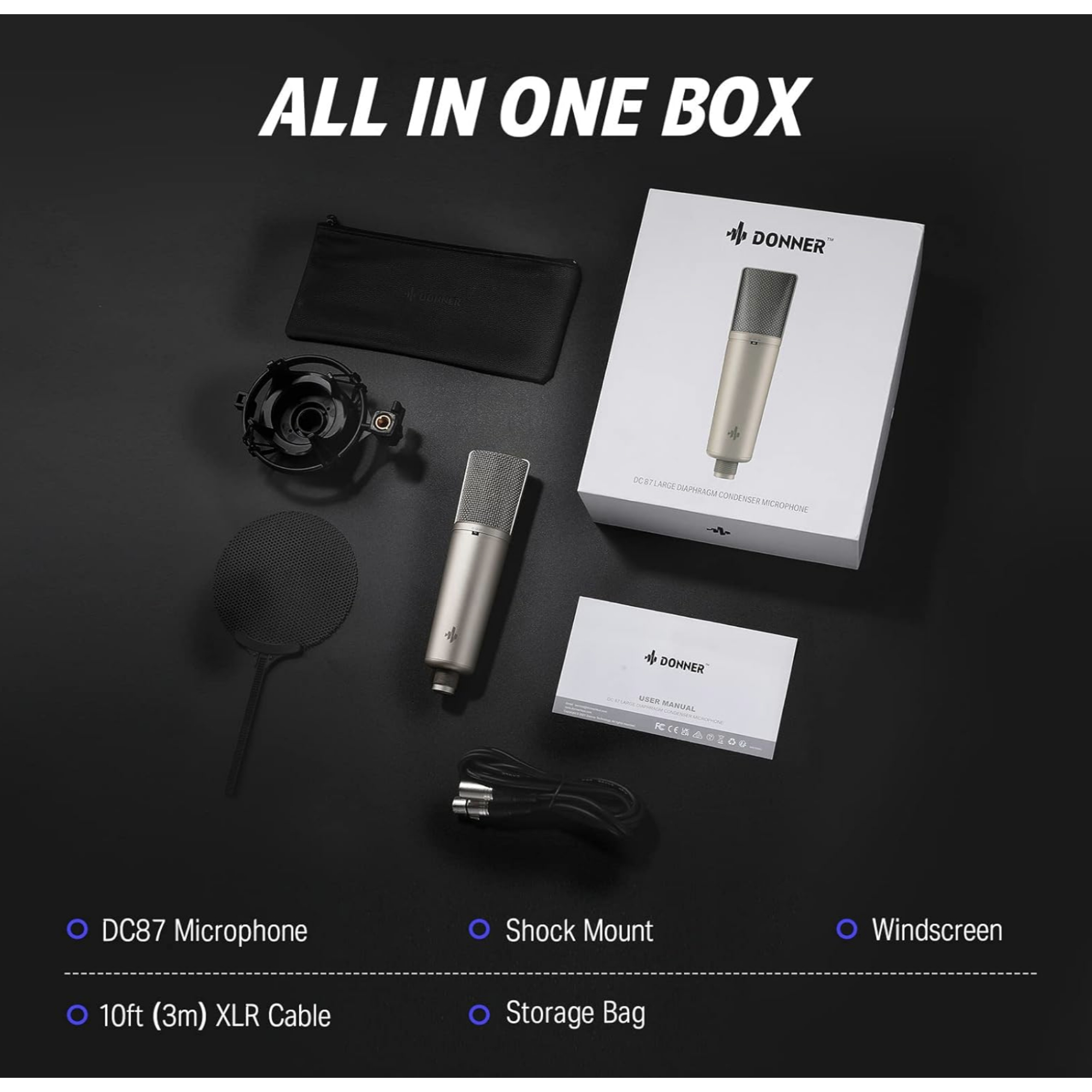 Donner DC-87 Condenser Microphone 254mm Large-Diaphragm Professional Mic Kit 3 Polar Patterns for Vocal RecordingPodcastBroadcastInstrument with Shock Mount Windscreen XLR Cable Storage Bag