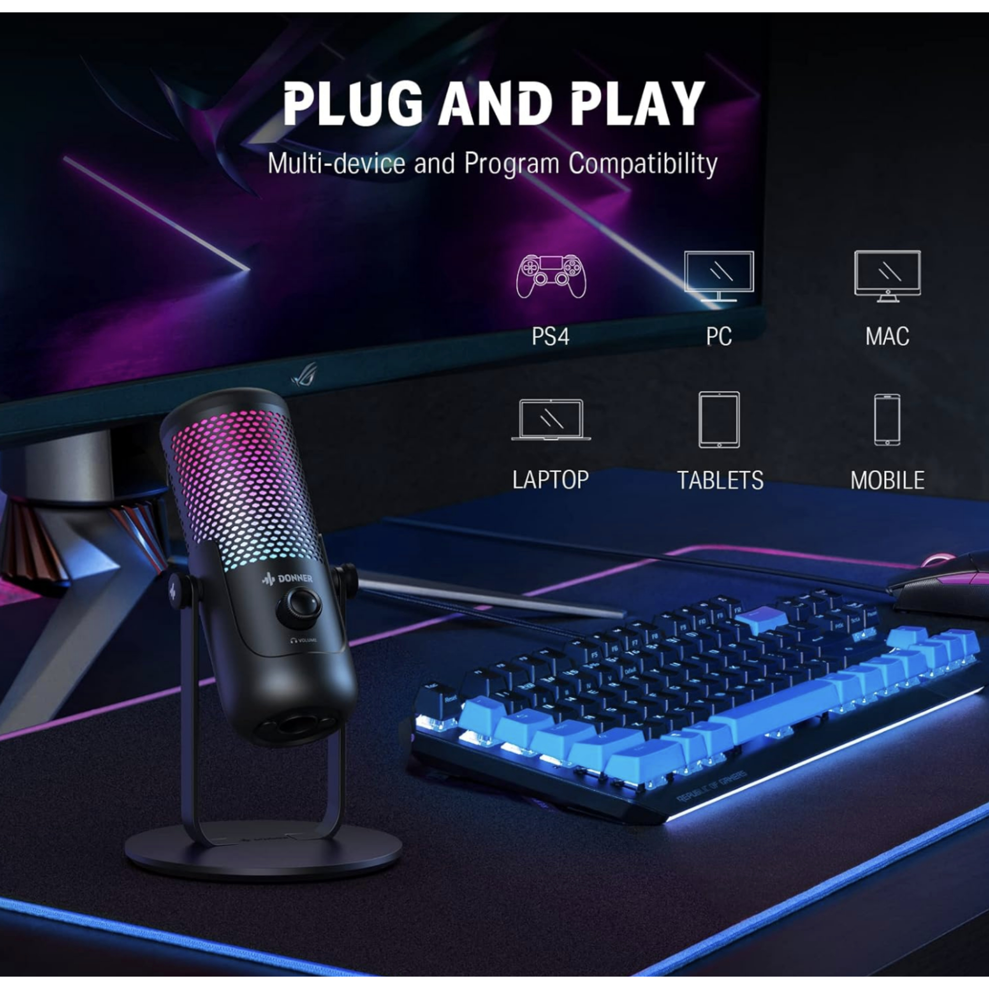 Donner NeoTrack LX USB Microphone Condenser Gaming Microphone Podcast Microphone wShock Mount OTG Cable Colorful LED Gain Control Microphone for PCMacCellphone Perfect RecordingPodcastGamingMeeting