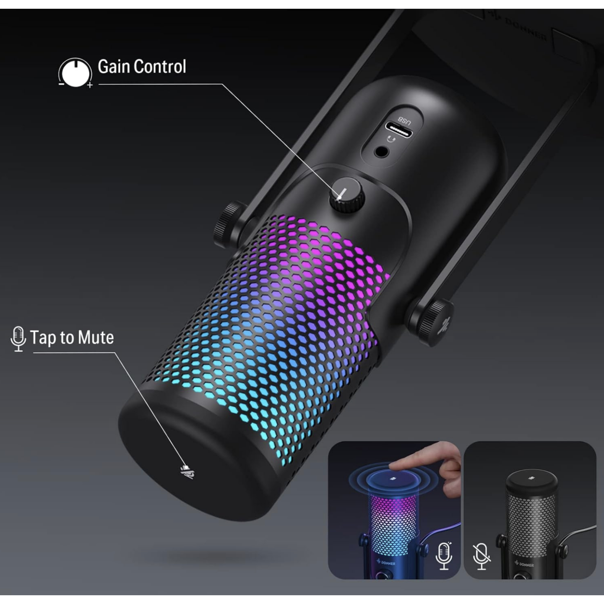 Donner NeoTrack LX USB Microphone Condenser Gaming Microphone Podcast Microphone wShock Mount OTG Cable Colorful LED Gain Control Microphone for PCMacCellphone Perfect RecordingPodcastGamingMeeting