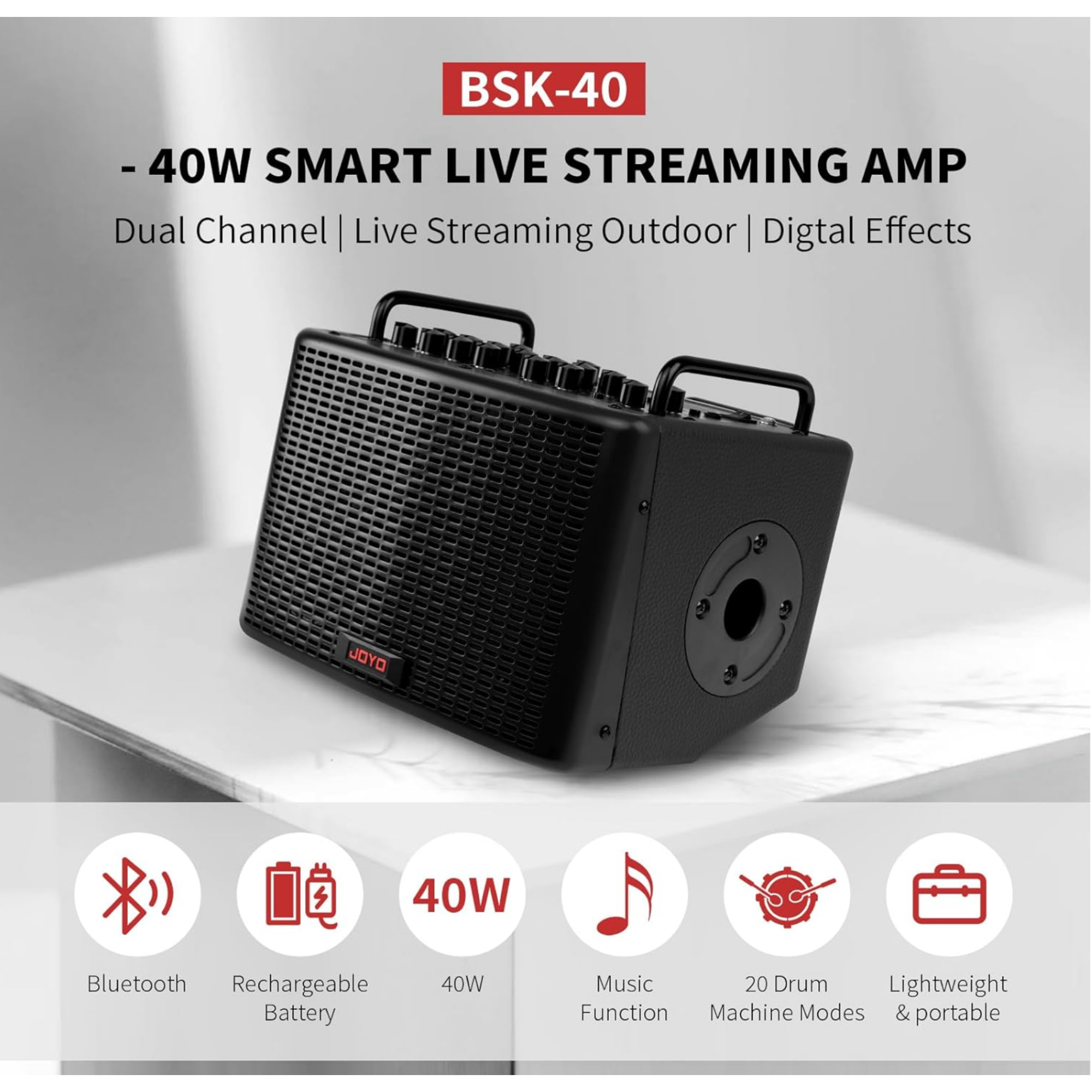 JOYO BSK40 40 Watt Combo Amplifier Rechargeable Guitar Vocal Two Channels Guitar Amp with Drum Machine Reverb Chorus Delay Effects and Bluetooth XLR Aux-in