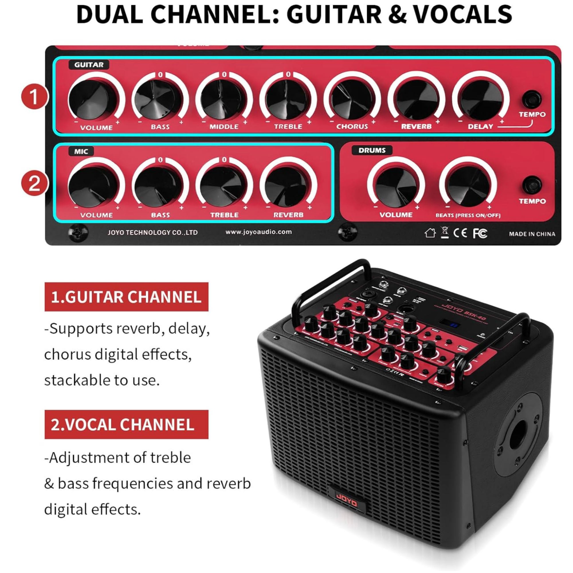 JOYO BSK40 40 Watt Combo Amplifier Rechargeable Guitar Vocal Two Channels Guitar Amp with Drum Machine Reverb Chorus Delay Effects and Bluetooth XLR Aux-in