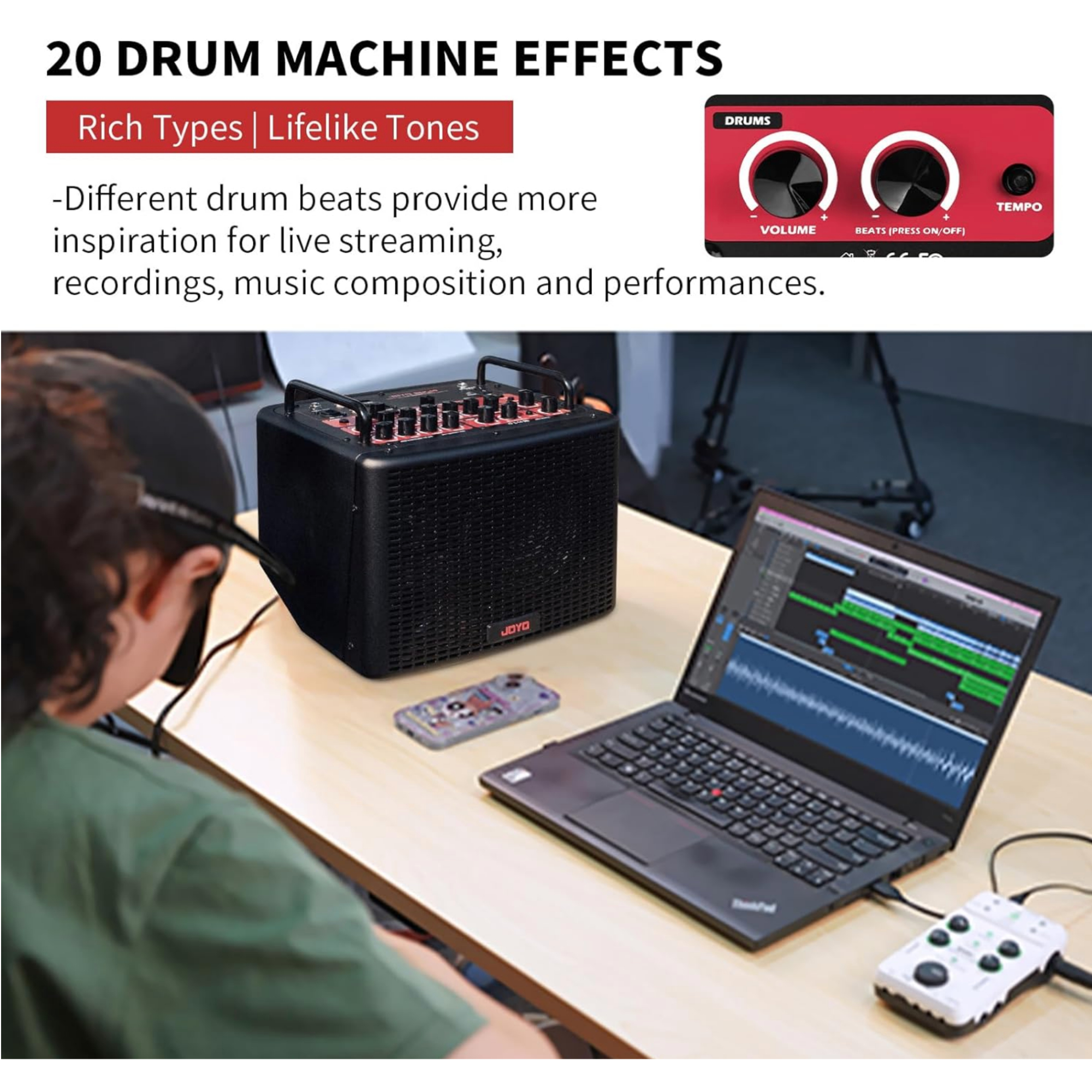 JOYO BSK40 40 Watt Combo Amplifier Rechargeable Guitar Vocal Two Channels Guitar Amp with Drum Machine Reverb Chorus Delay Effects and Bluetooth XLR Aux-in
