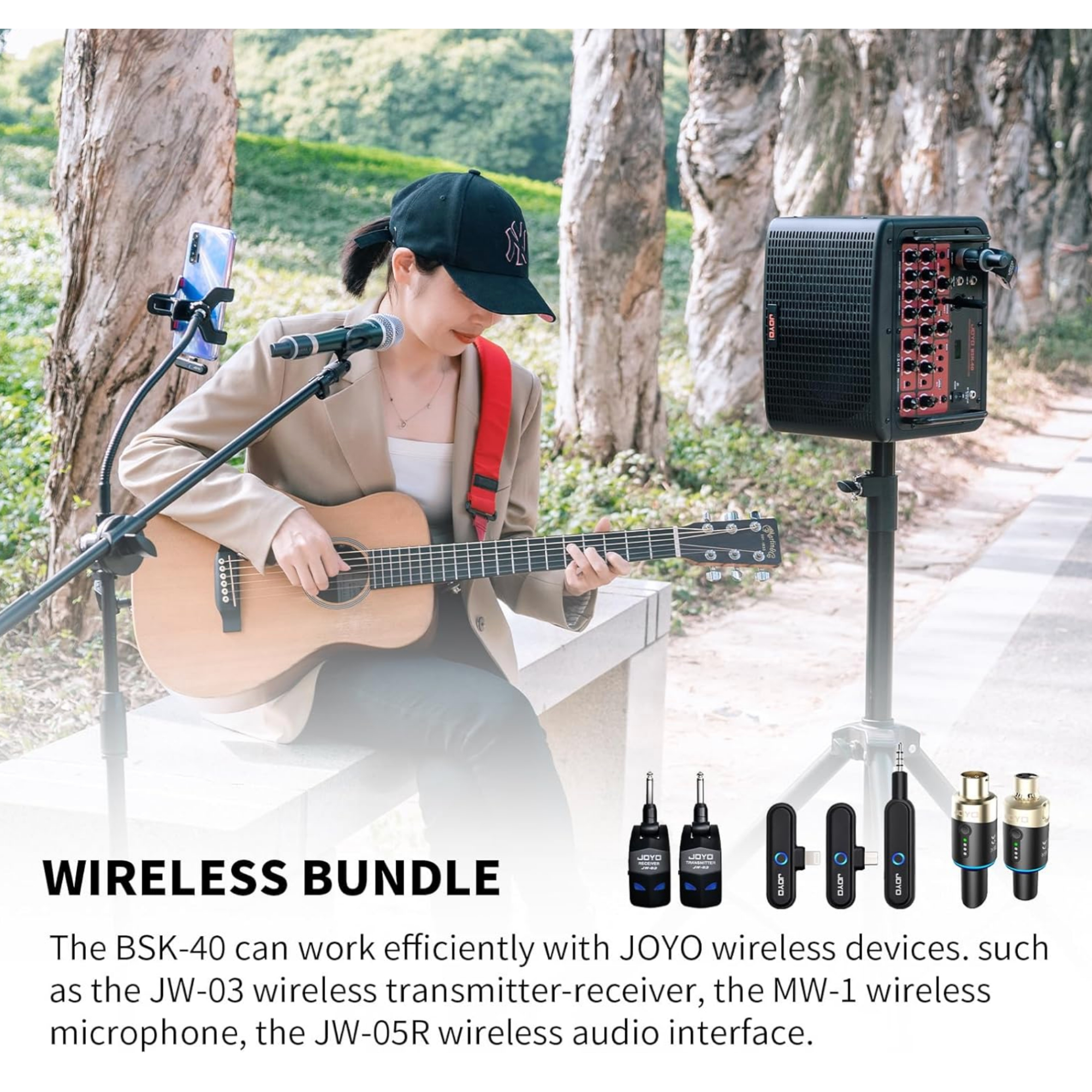 JOYO BSK40 40 Watt Combo Amplifier Rechargeable Guitar Vocal Two Channels Guitar Amp with Drum Machine Reverb Chorus Delay Effects and Bluetooth XLR Aux-in