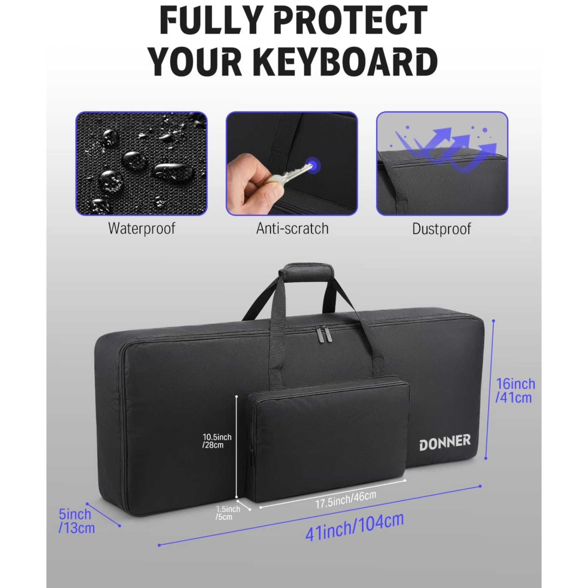 Donner 61 Key Keyboard Case Portable Electric Piano Keyboard Gig Bag Waterproof Durable 600D Nylon Oxford Cloth 10mm Cotton Padded 41x 16x 5 Black