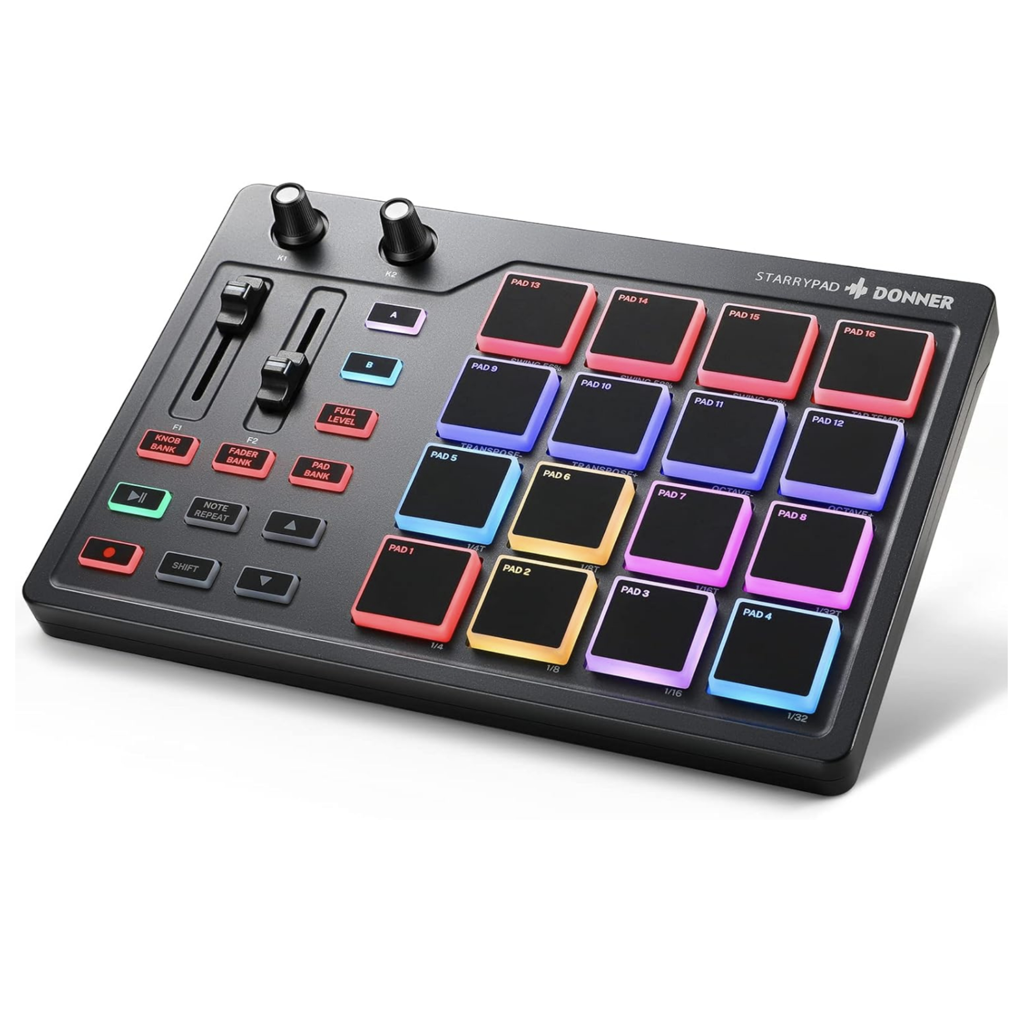 Donner MIDI Pad Beat Maker Machine Professional Drum Machine with 16 Beat Pads 2 Assignable Fader Knobs and Music Production Software USB MIDI Controller with 40 Free Courses STARRYPAD