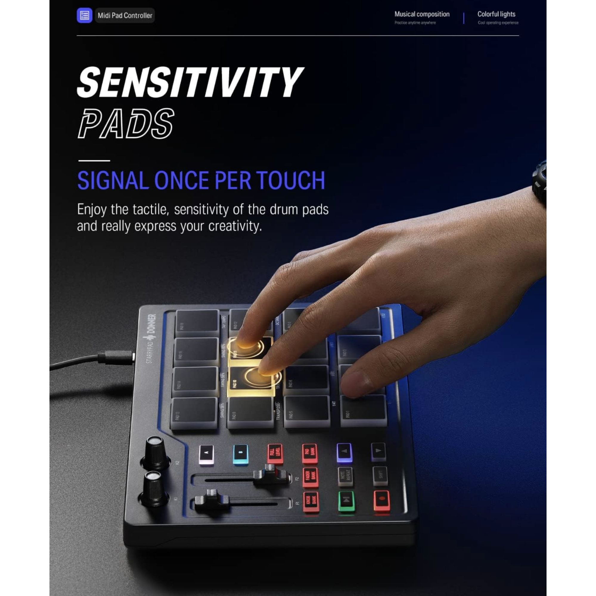 Donner MIDI Pad Beat Maker Machine Professional Drum Machine with 16 Beat Pads 2 Assignable Fader Knobs and Music Production Software USB MIDI Controller with 40 Free Courses STARRYPAD