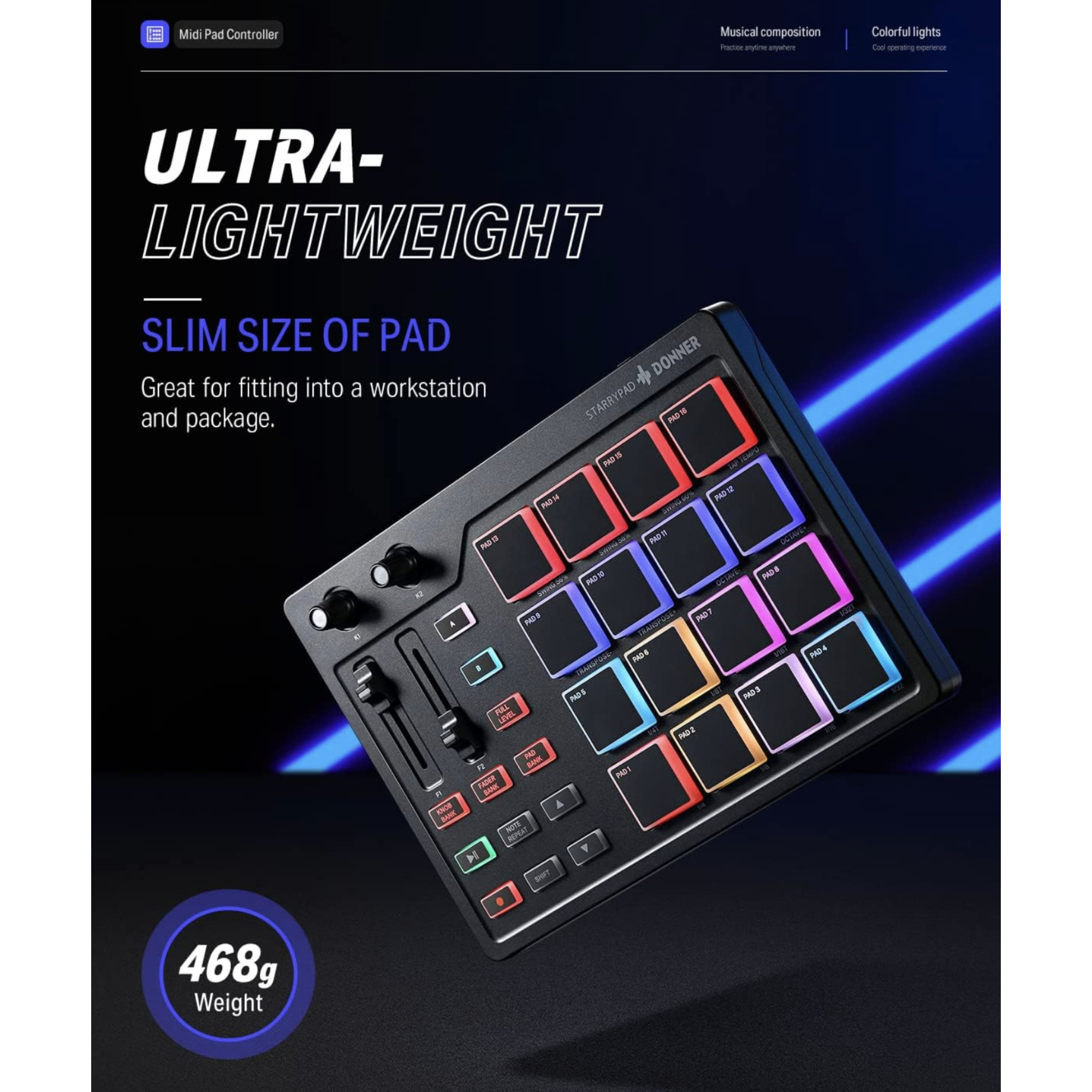 Donner MIDI Pad Beat Maker Machine Professional Drum Machine with 16 Beat Pads 2 Assignable Fader Knobs and Music Production Software USB MIDI Controller with 40 Free Courses STARRYPAD