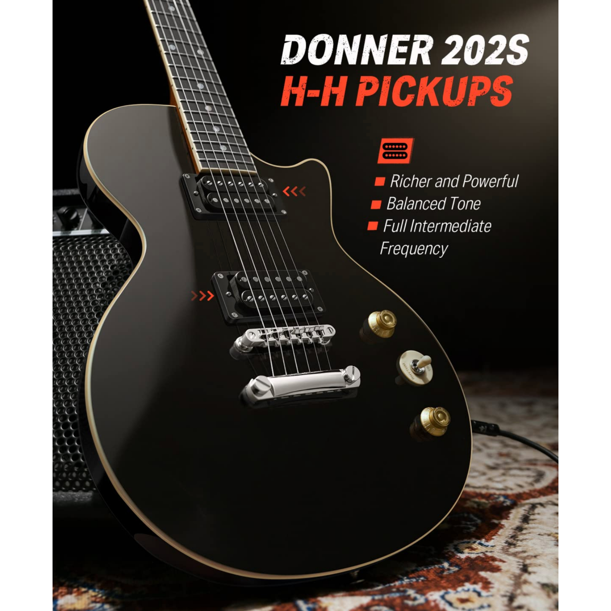 Donner Electric Guitar LP Solid Body Full-Size 39 Inch Electric Guitar Beginner Kit Black with Bag Cable Strap DLP-124B