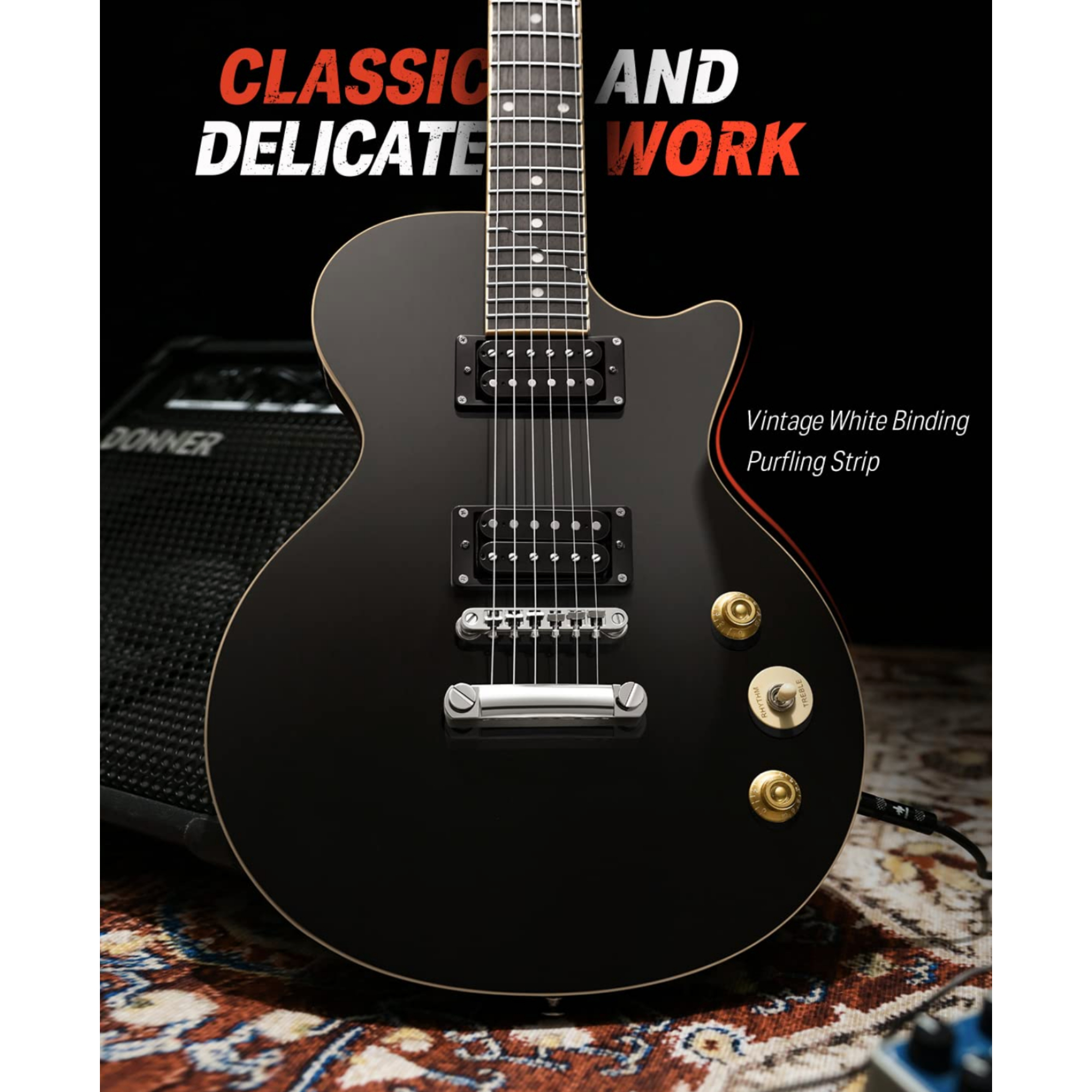 Donner Electric Guitar LP Solid Body Full-Size 39 Inch Electric Guitar Beginner Kit Black with Bag Cable Strap DLP-124B