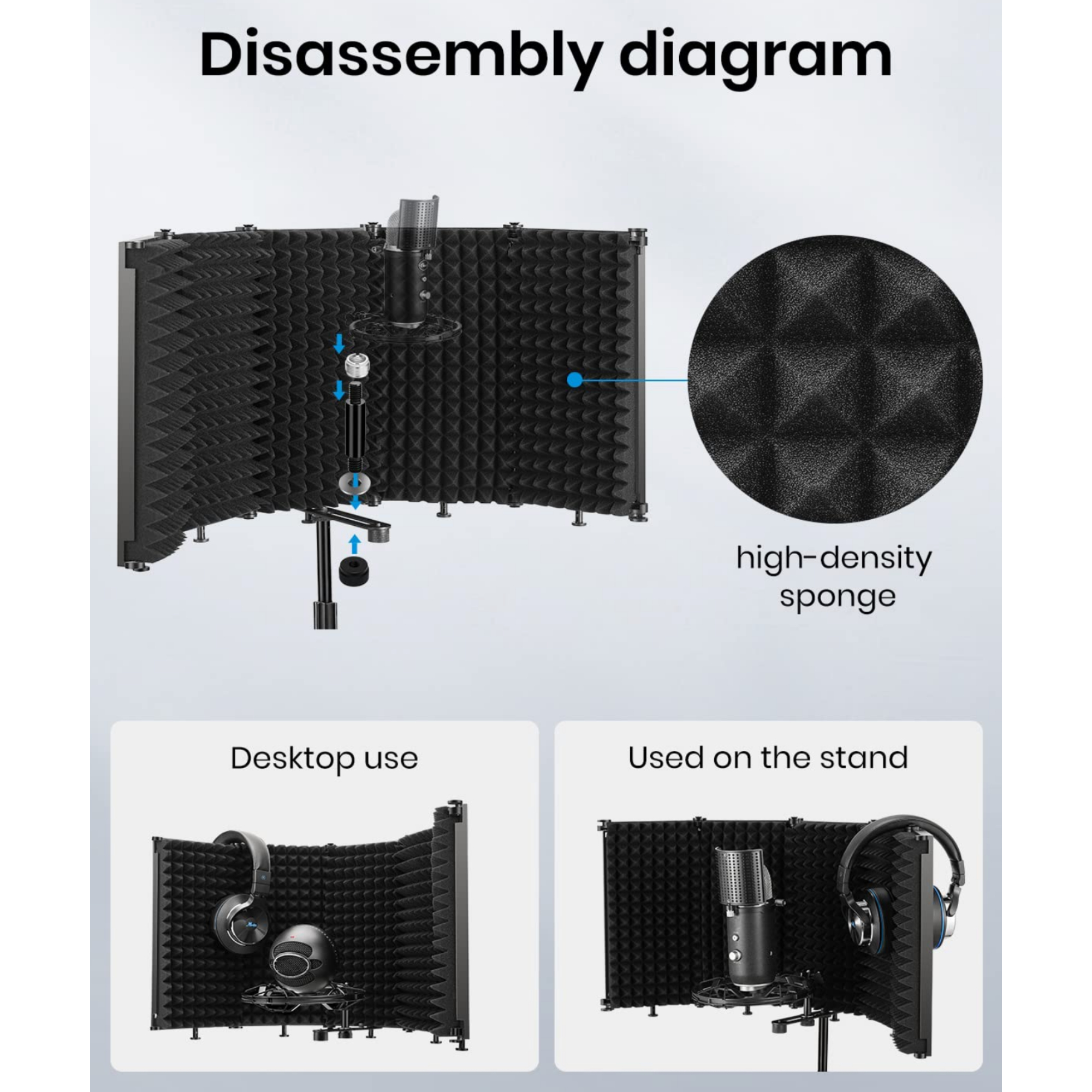 Moukey Microphone Isolation Shield Desktop Foldable Isolation Shield With 38 and 58 Mic Threaded Mount