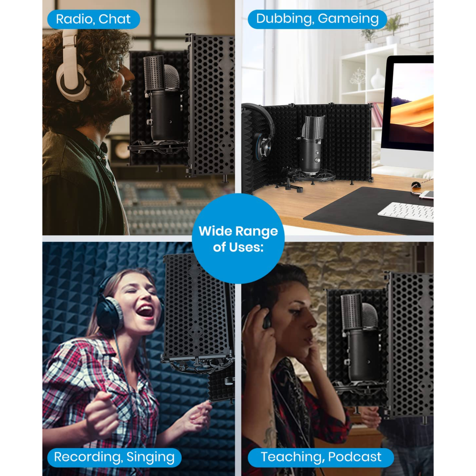 Moukey Microphone Isolation Shield Desktop Foldable Isolation Shield With 38 and 58 Mic Threaded Mount