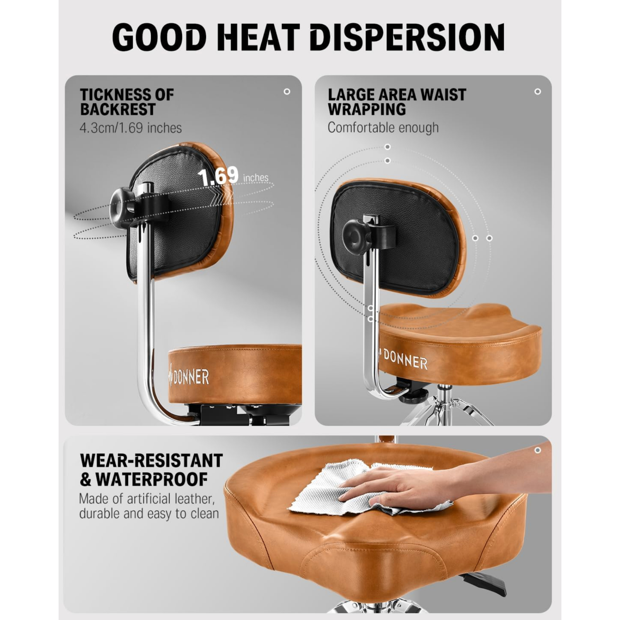 Donner DHT250 Drum Throne with Backrest, Heavy Duty Hydraulic Drum Stool Height Adjustable