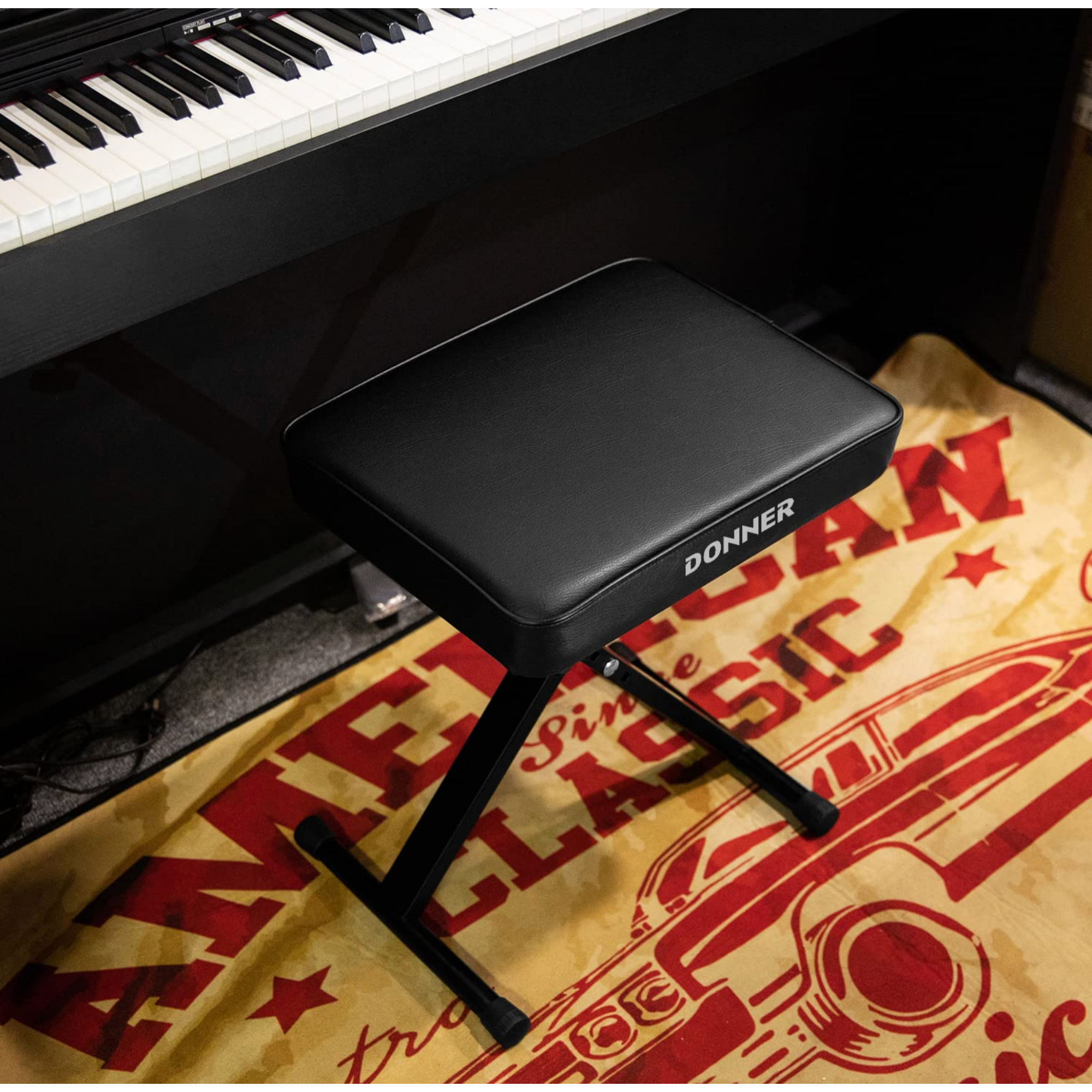 Donner Piano Bench Adjustable Keyboard Bench Portable Stool Collapsible Chair Foldable Seat X-Style 24 Inch Thickness High-Density Sponge Padded Non-Skid Design Black