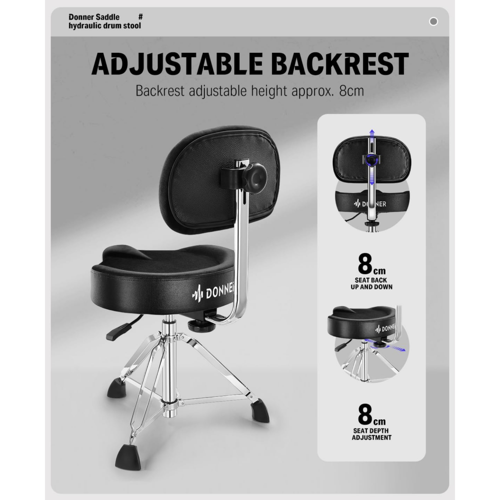 Donner DHT250 Drum Throne with Backrest Heavy Duty Hydraulic Drum Stool Height Adjustable Motorcycle Style Drum Seat Saddle Drum Throne for Adults Drummers Black