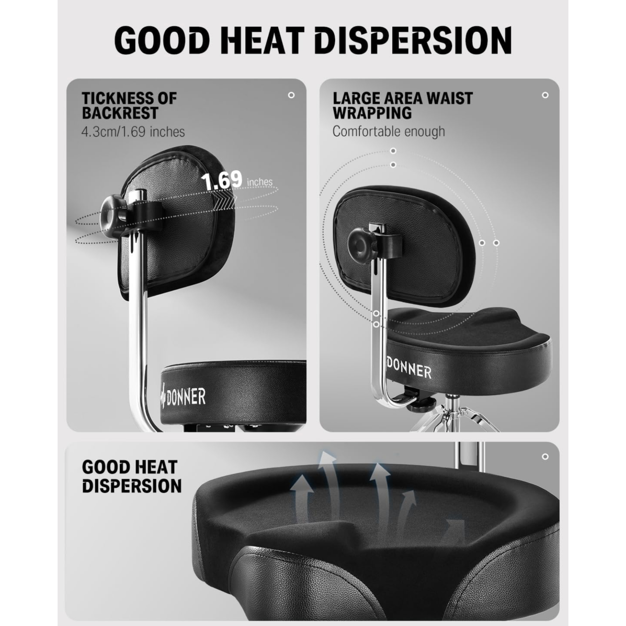 Donner DHT250 Drum Throne with Backrest Heavy Duty Hydraulic Drum Stool Height Adjustable Motorcycle Style Drum Seat Saddle Drum Throne for Adults Drummers Black