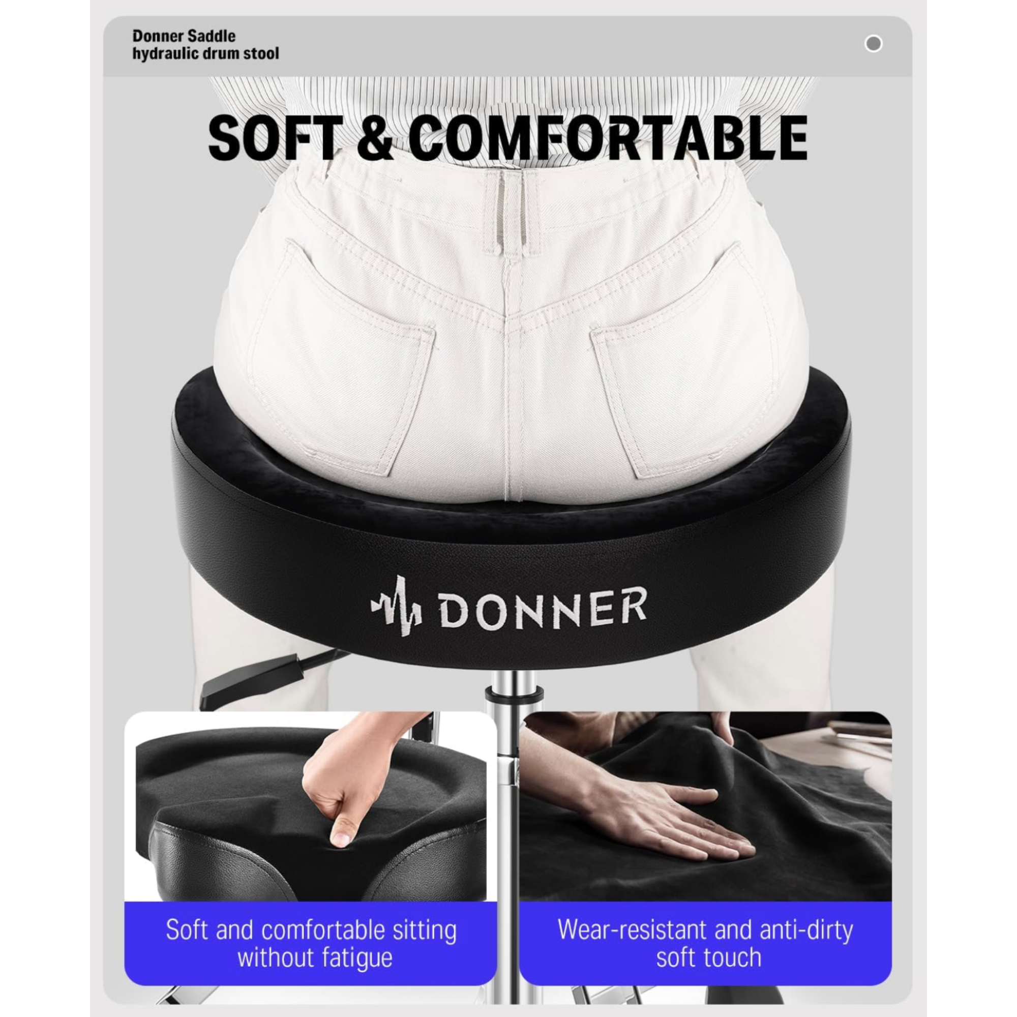 Donner DHT250 Drum Throne with Backrest Heavy Duty Hydraulic Drum Stool Height Adjustable Motorcycle Style Drum Seat Saddle Drum Throne for Adults Drummers Black