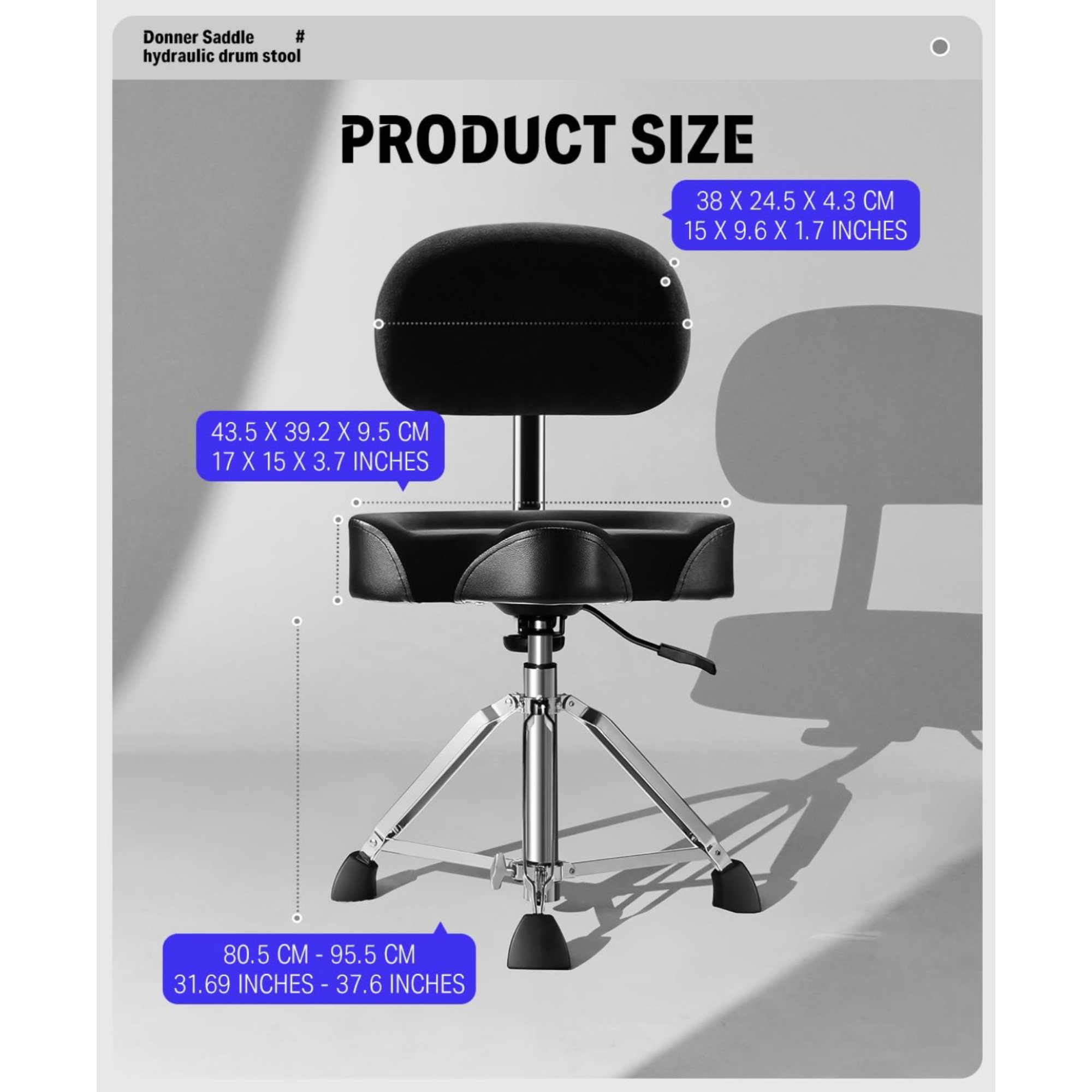 Donner DHT250 Drum Throne with Backrest Heavy Duty Hydraulic Drum Stool Height Adjustable Motorcycle Style Drum Seat Saddle Drum Throne for Adults Drummers Black