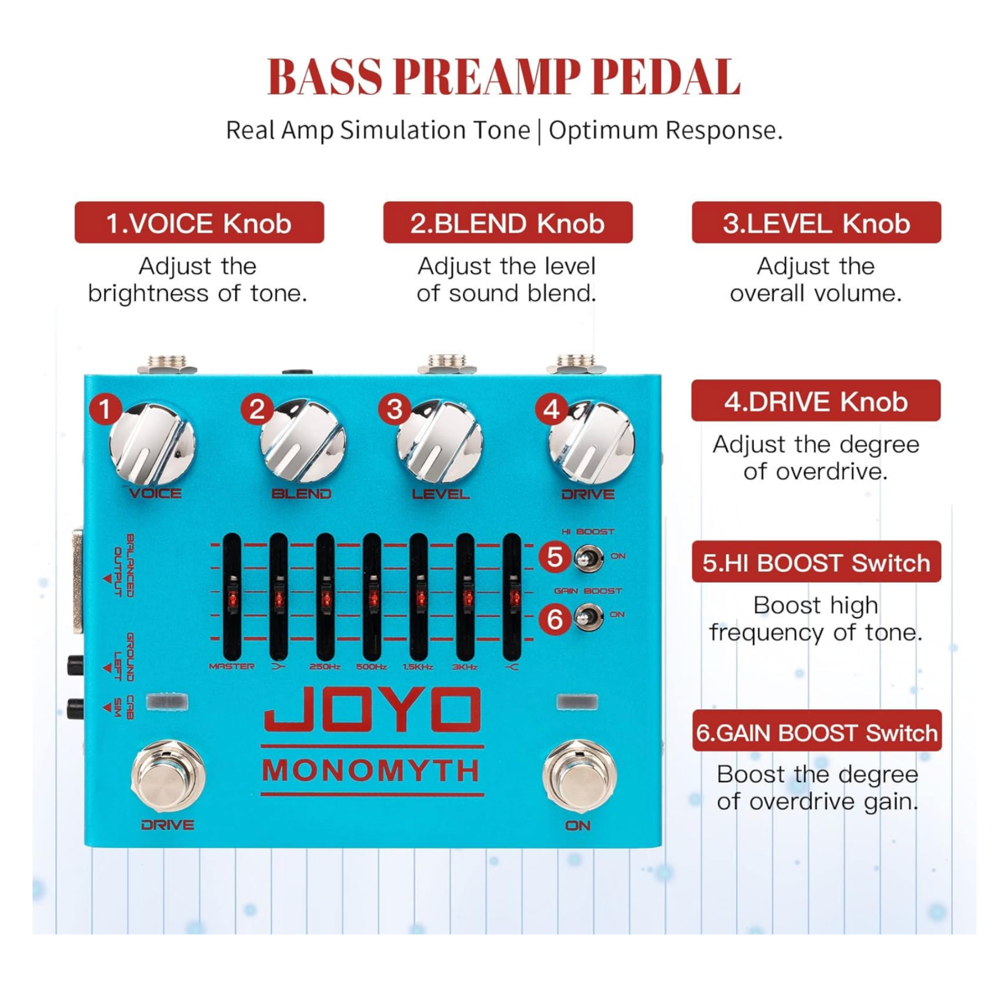 JOYO R-26 Monomyth Bass Preamp and DI Effects Pedal True Bypass Cab Sim EQ