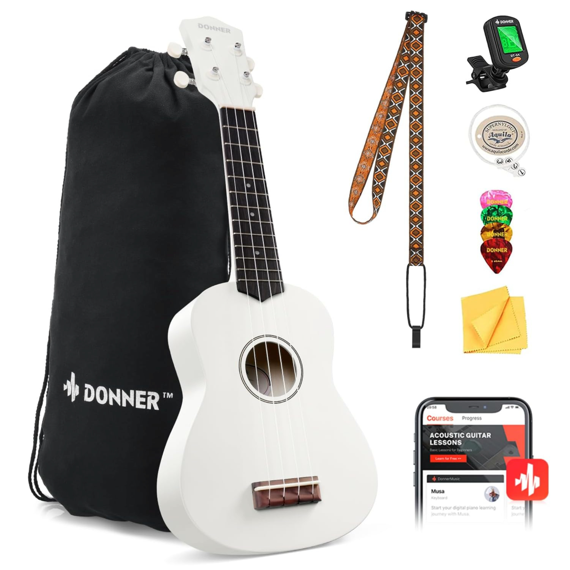 Donner Soprano Ukulele for Beginner 21 Inch Matte Ukulele Beginner Kit with Bag Strap Tuner Strings Picks Cloth Free Online Lessons White