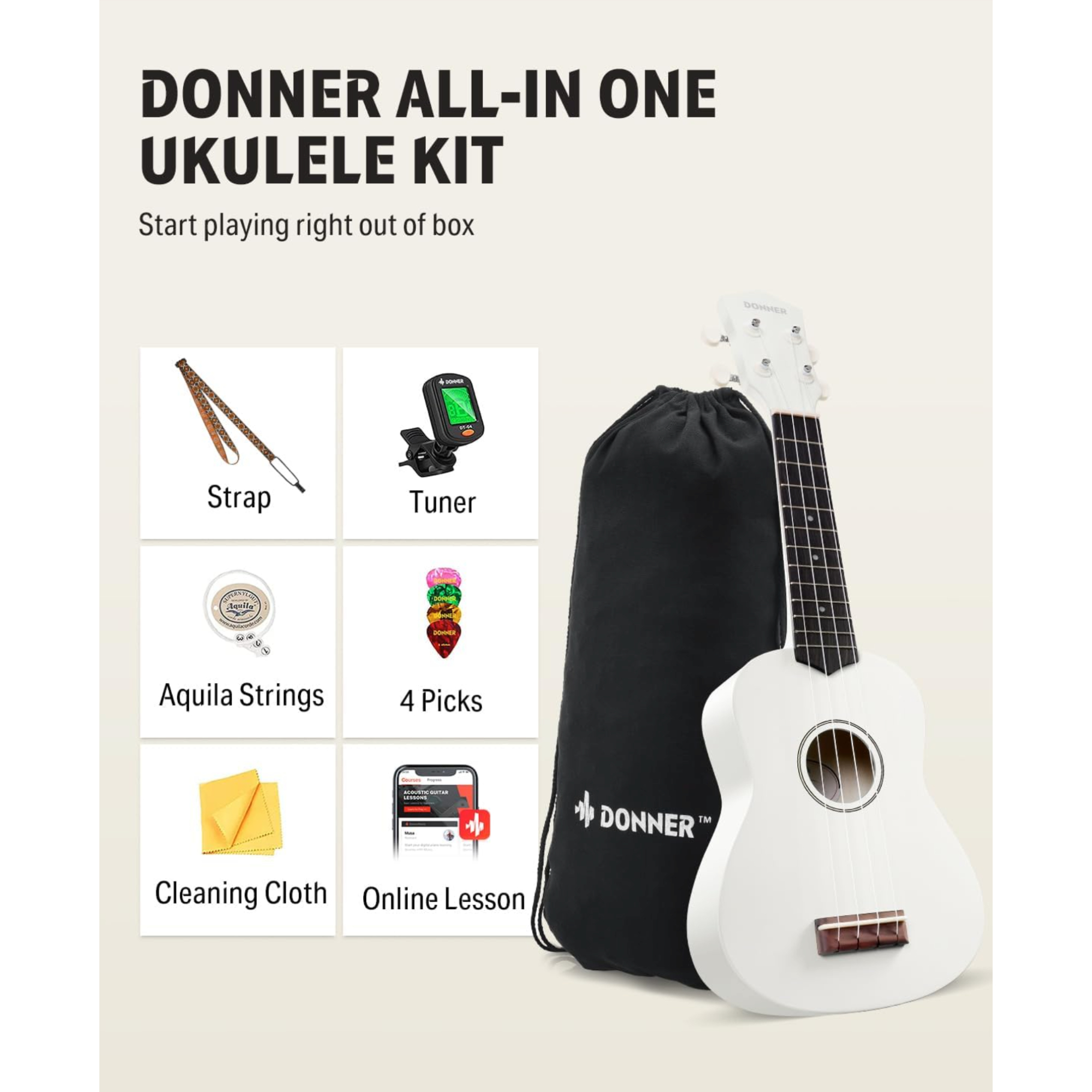 Donner Soprano Ukulele for Beginner 21 Inch Matte Ukulele Beginner Kit with Bag Strap Tuner Strings Picks Cloth Free Online Lessons White