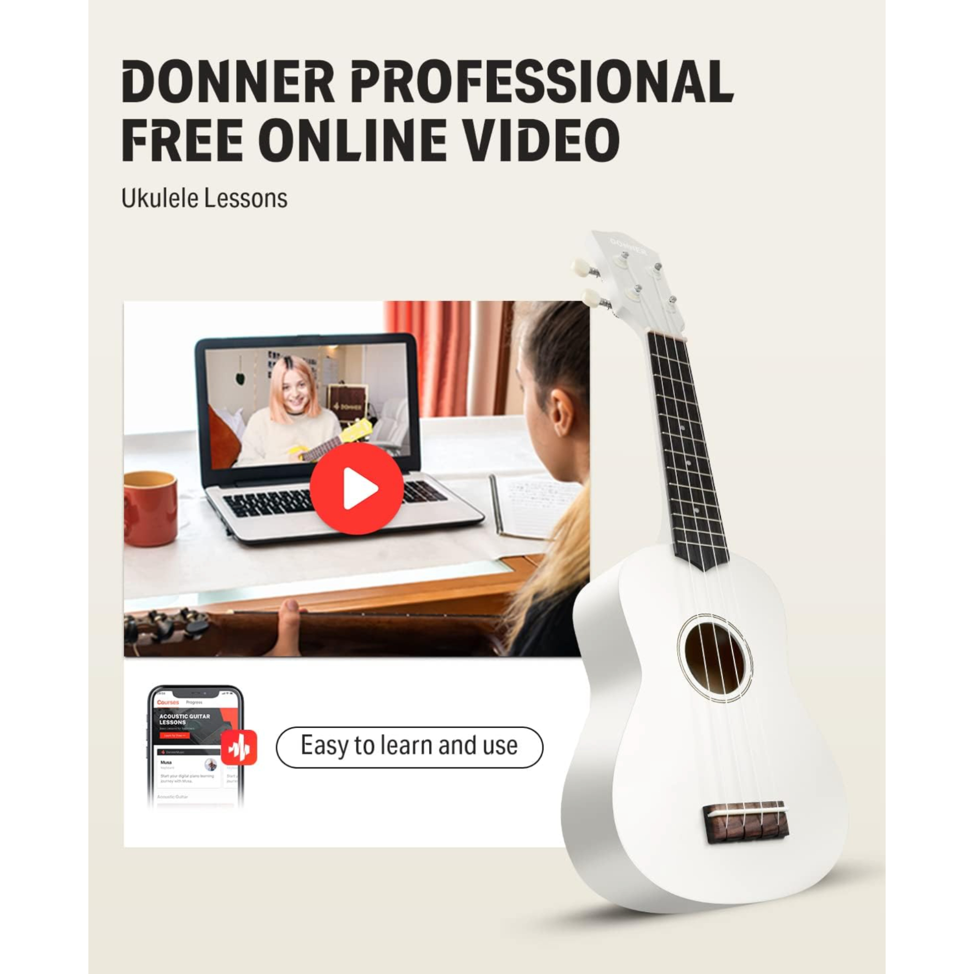 Donner Soprano Ukulele for Beginner 21 Inch Matte Ukulele Beginner Kit with Bag Strap Tuner Strings Picks Cloth Free Online Lessons White