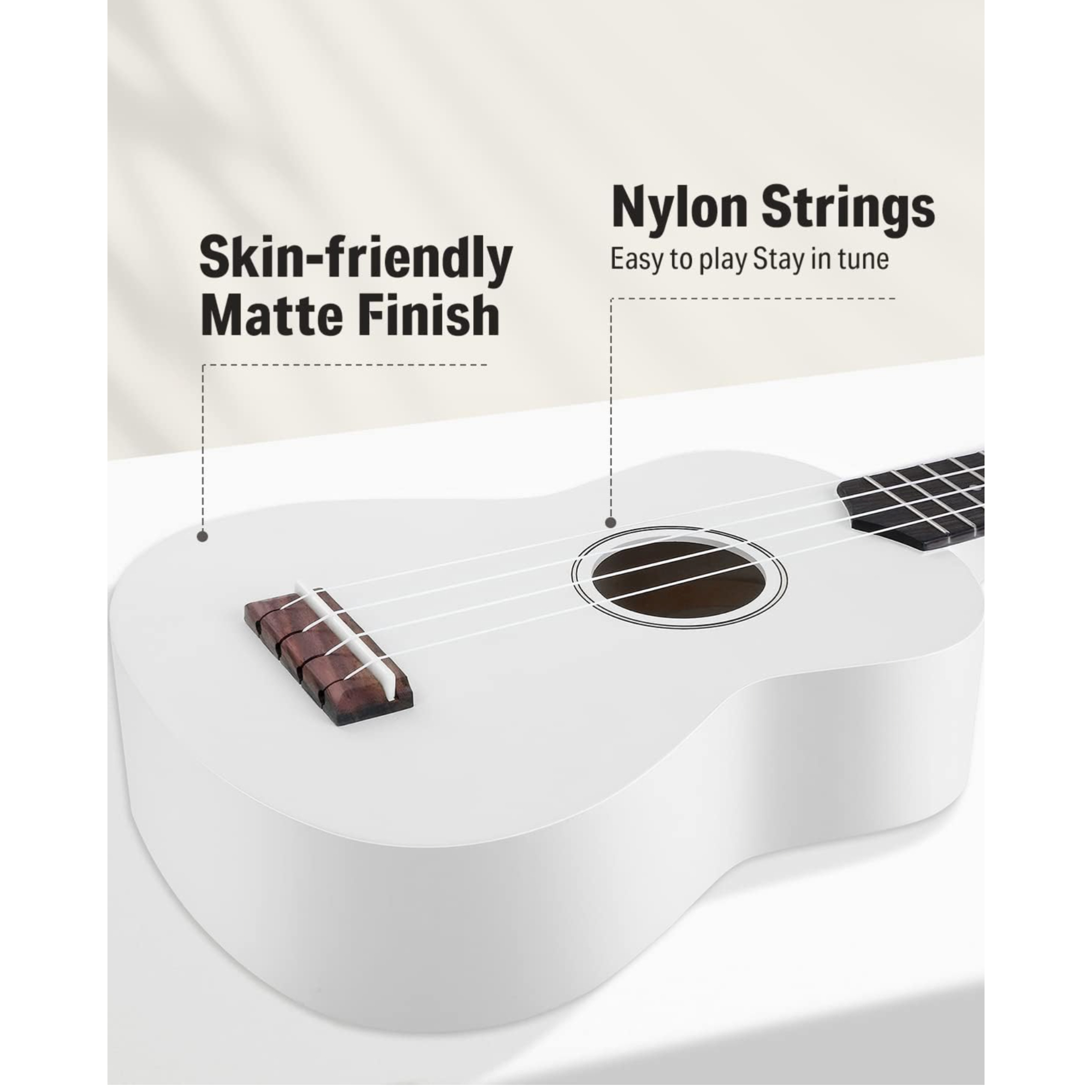 Donner Soprano Ukulele for Beginner 21 Inch Matte Ukulele Beginner Kit with Bag Strap Tuner Strings Picks Cloth Free Online Lessons White