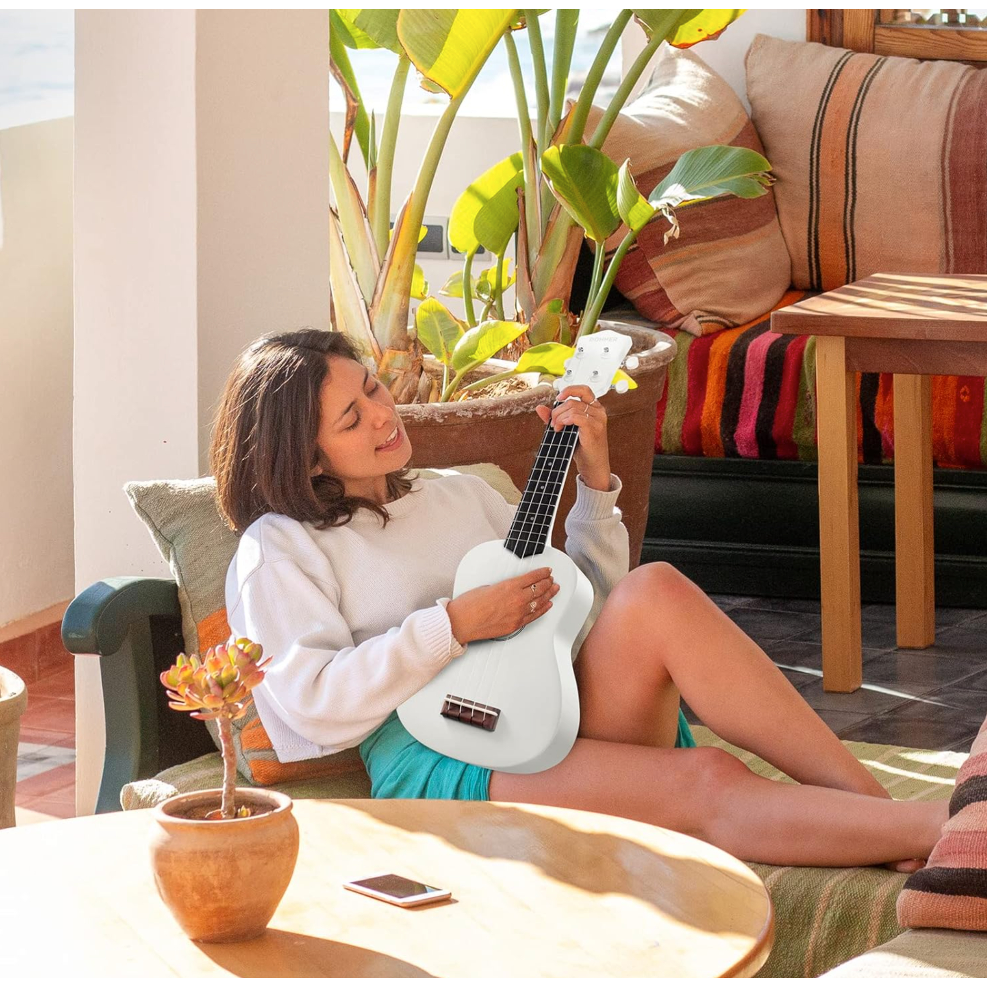 Donner Soprano Ukulele for Beginner 21 Inch Matte Ukulele Beginner Kit with Bag Strap Tuner Strings Picks Cloth Free Online Lessons White