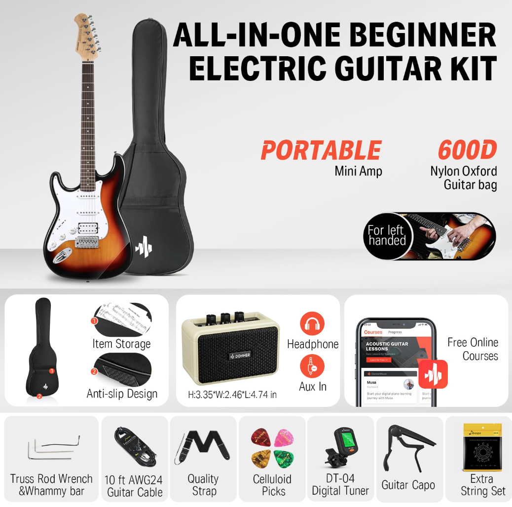 Donner Lefty DST-100SL 39 Inch Full Size Electric Guitar Kit Solid Body Sunburst Beginner Starter with Amplifier Bag Capo Strap String Tuner Cable Picks