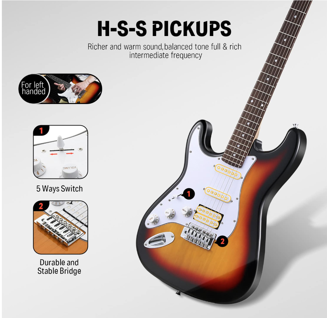 Donner Lefty DST-100SL 39 Inch Full Size Electric Guitar Kit Solid Body Sunburst Beginner Starter with Amplifier Bag Capo Strap String Tuner Cable Picks